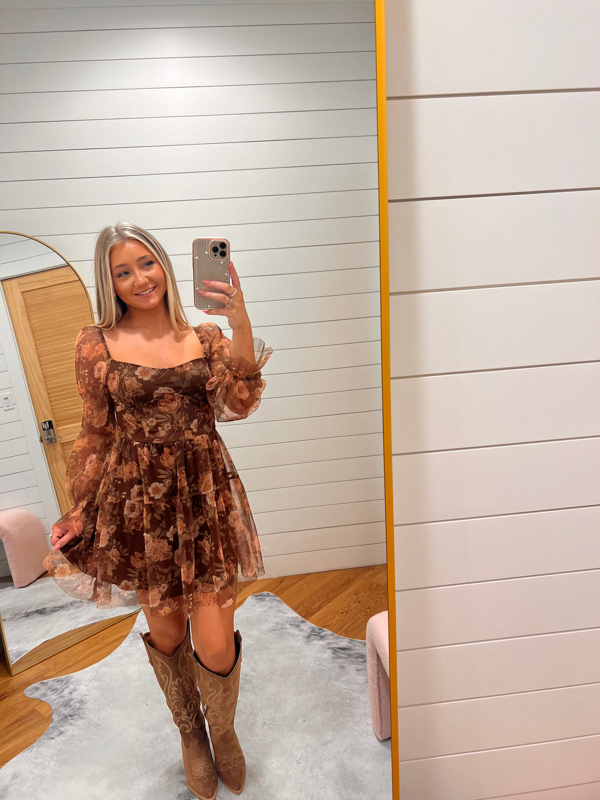 Brown Floral Chiffon Corset Mini Dress
