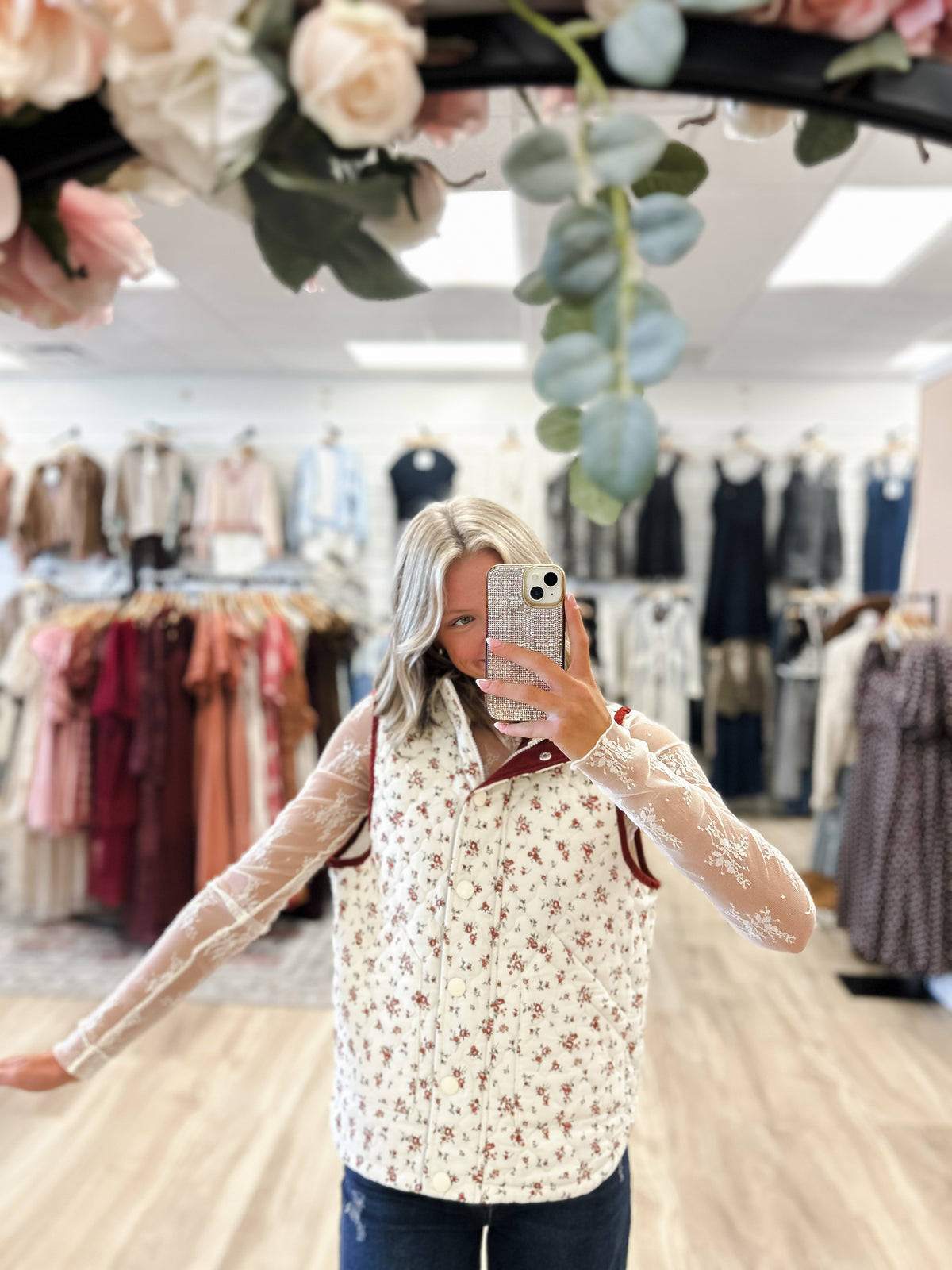 Millie Cream Floral Quilted Puffer Vest