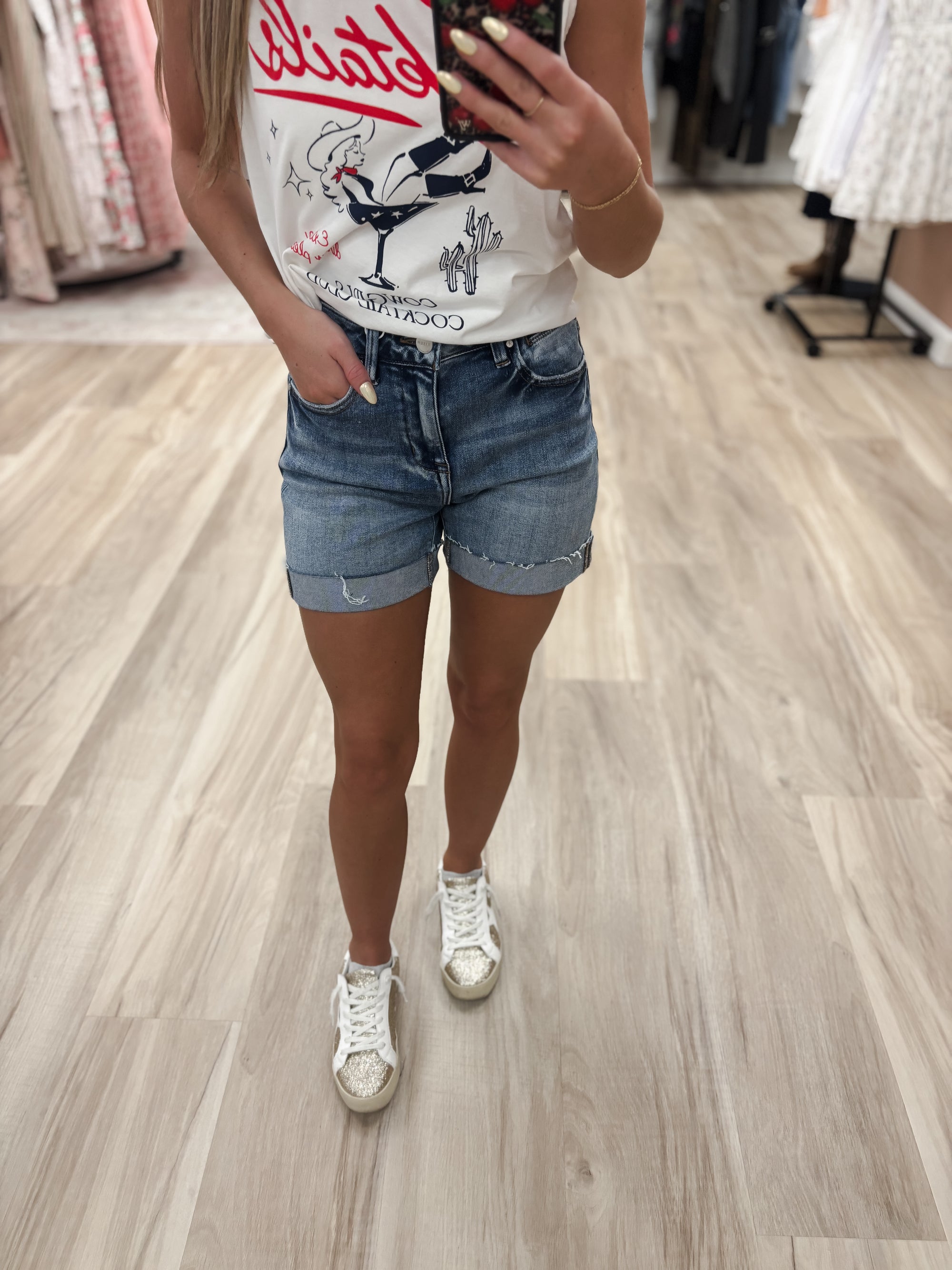 R High Rise Cuffed Denim Shorts