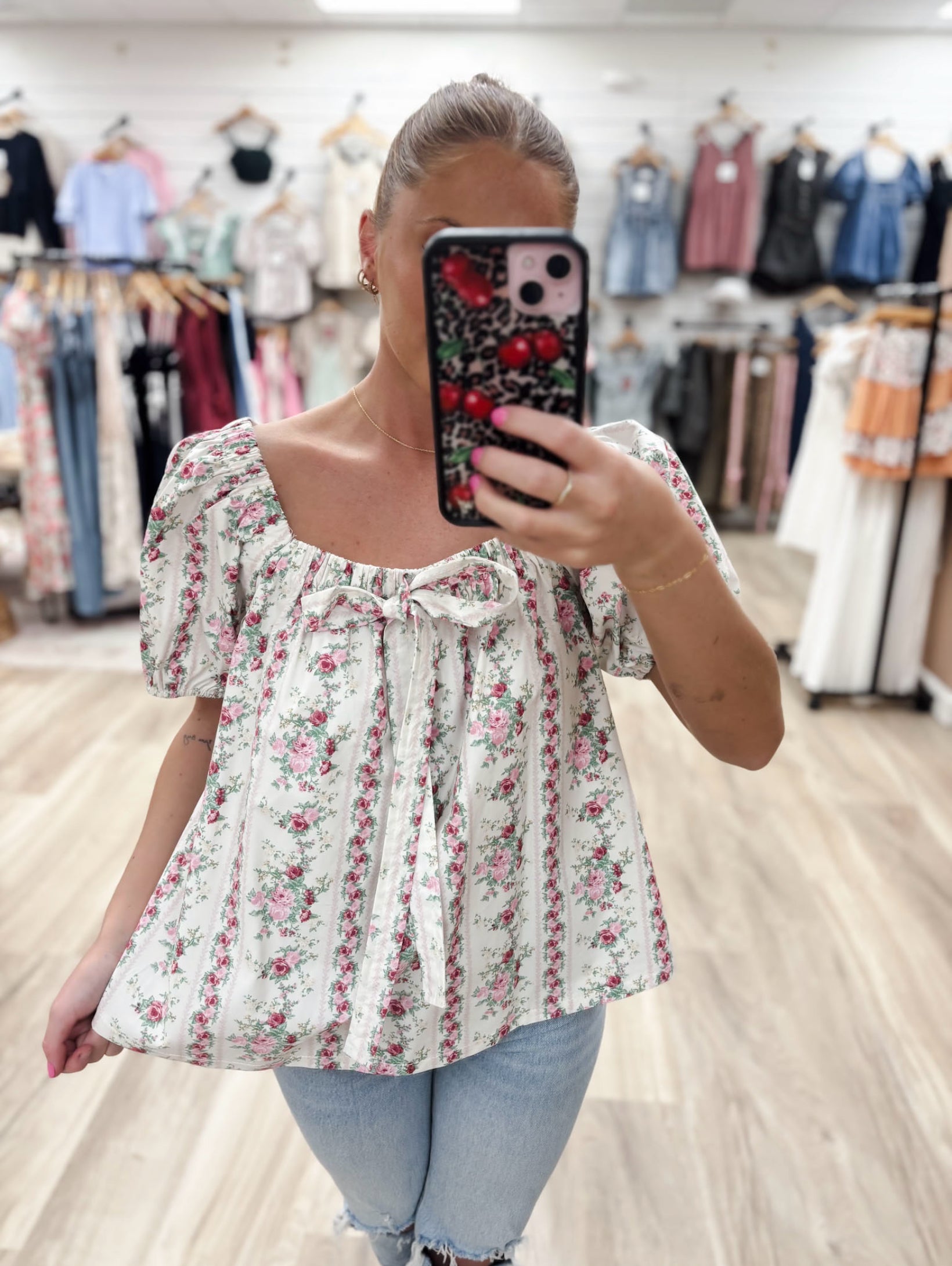 Floral Puff Sleeve Pink Blouse