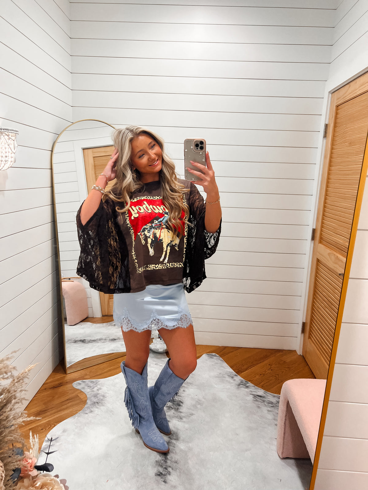 Brown Western Cowboy Leopard Lace Sleeve Graphic Tee