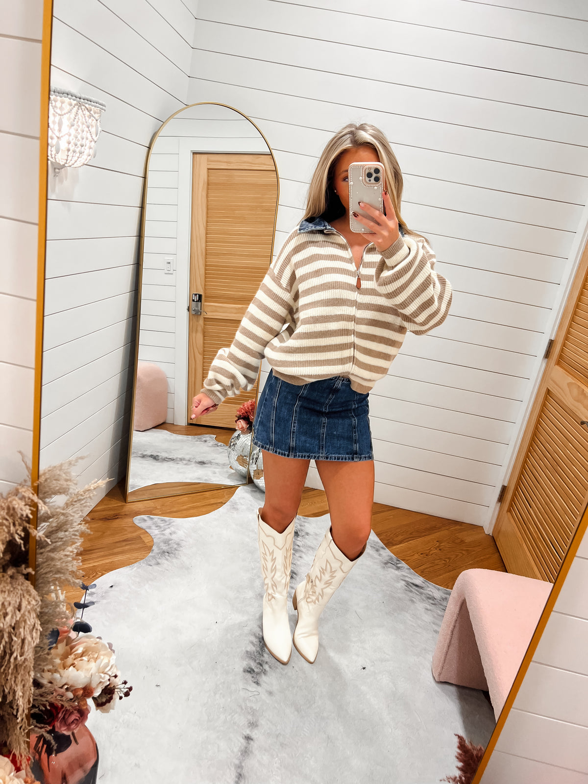 Beige Denim Collar Knitted Stripe Jacket