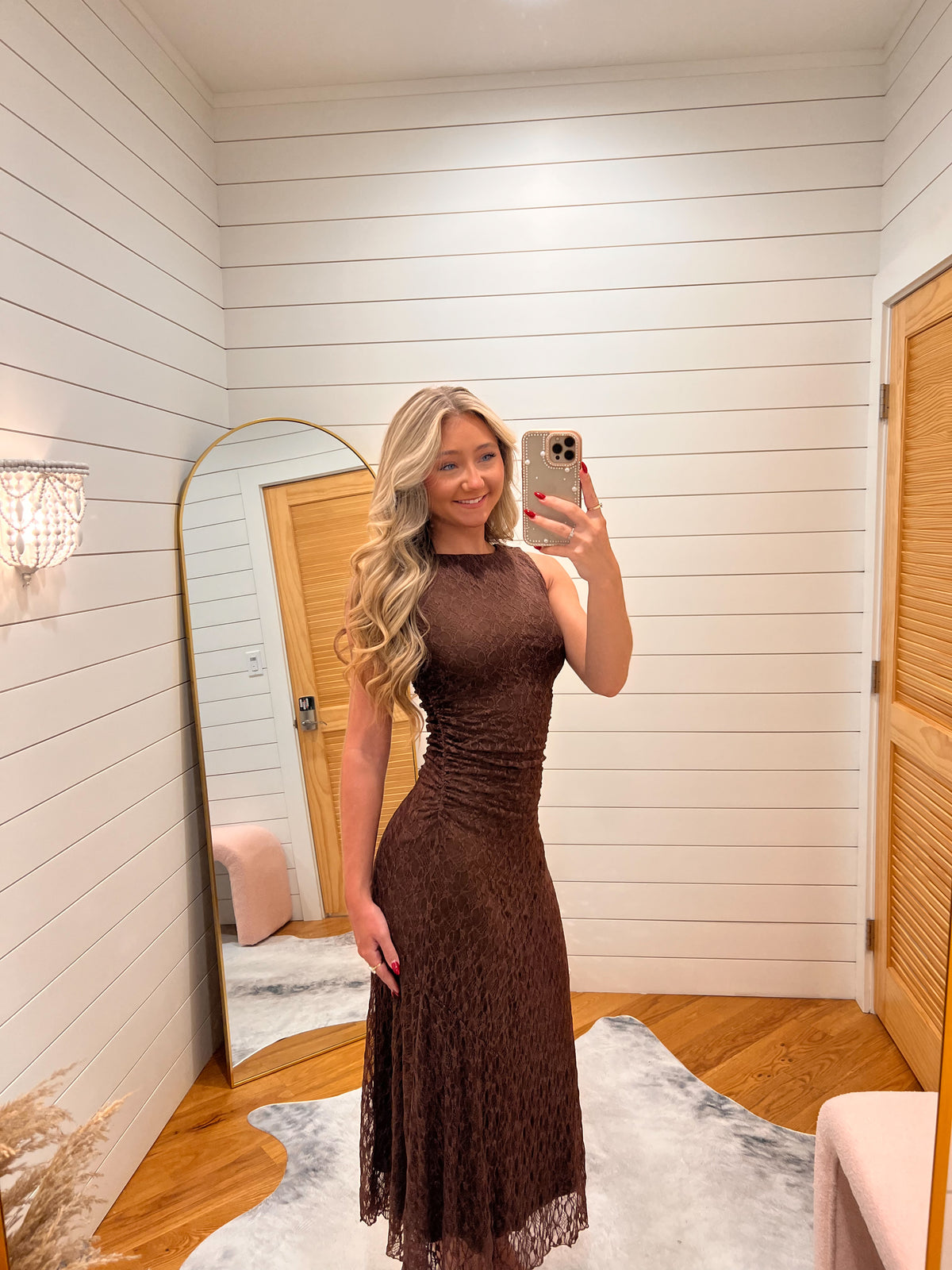 Dark Brown Lace Ruched Tank Midi Dress