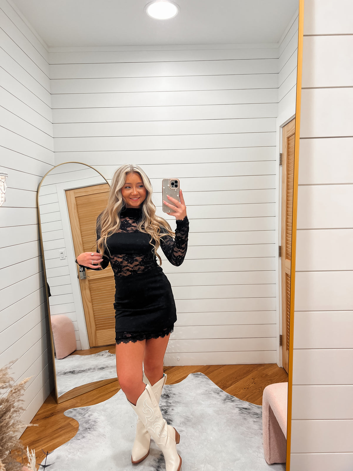 Black Lace Mock Neck Mini Dress
