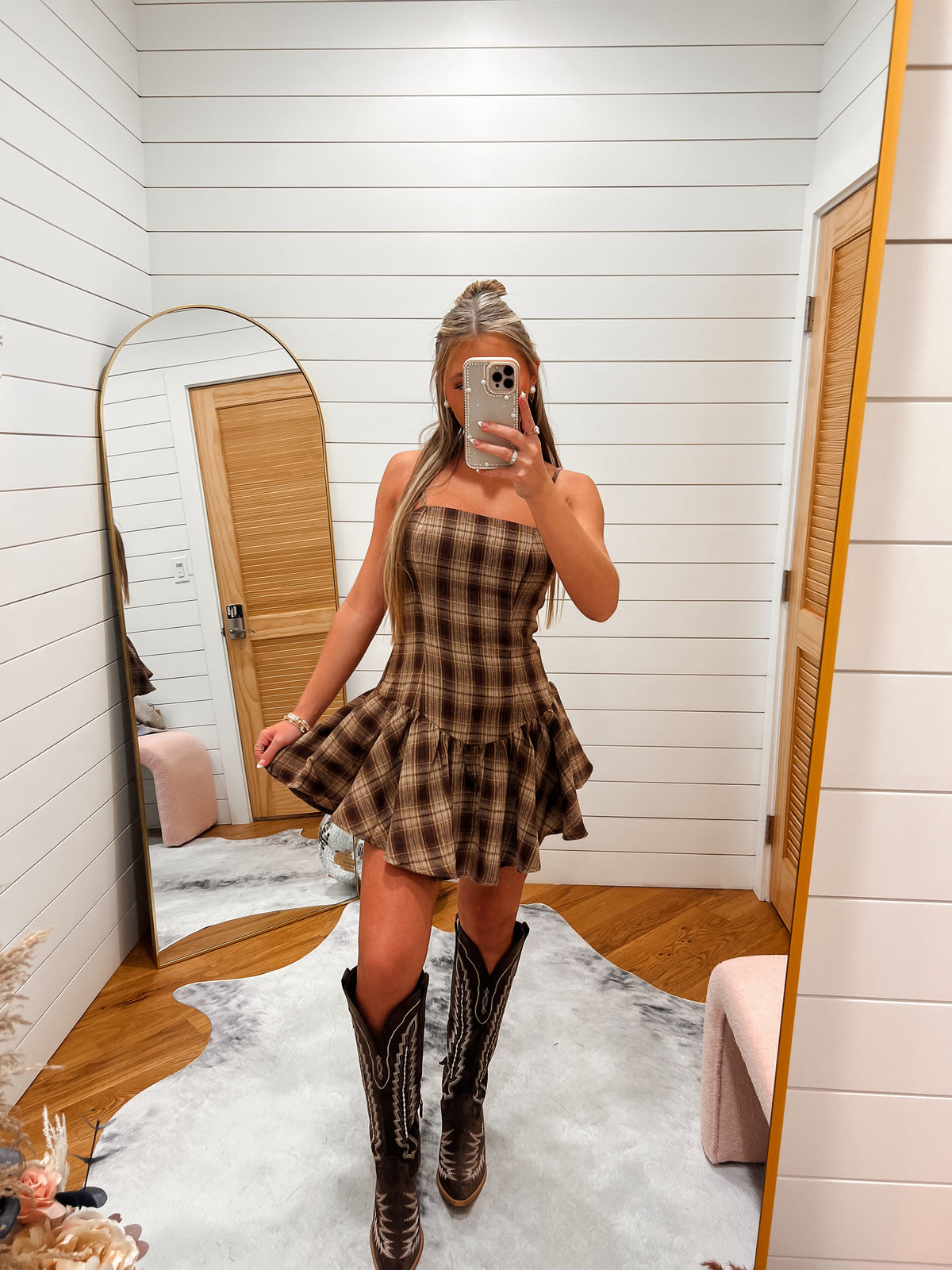 Brown Square Neck Checker Pattern Dress