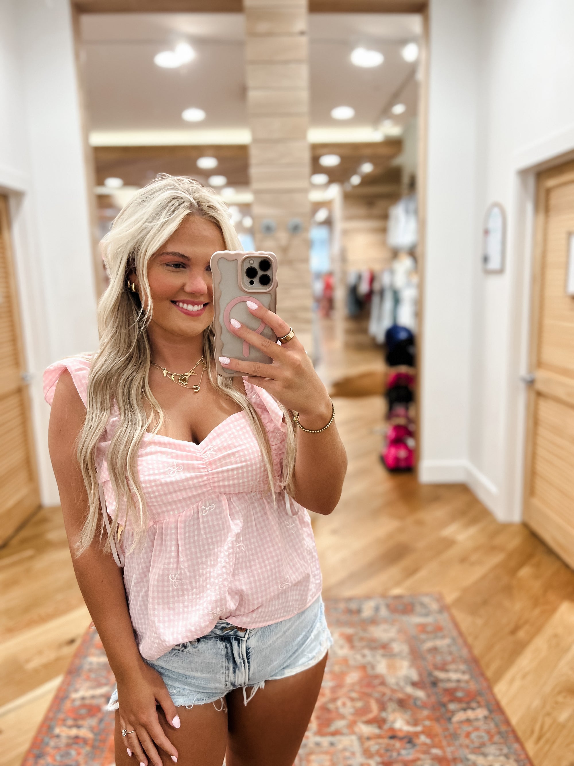 Charlotte Pink Check Bow Top