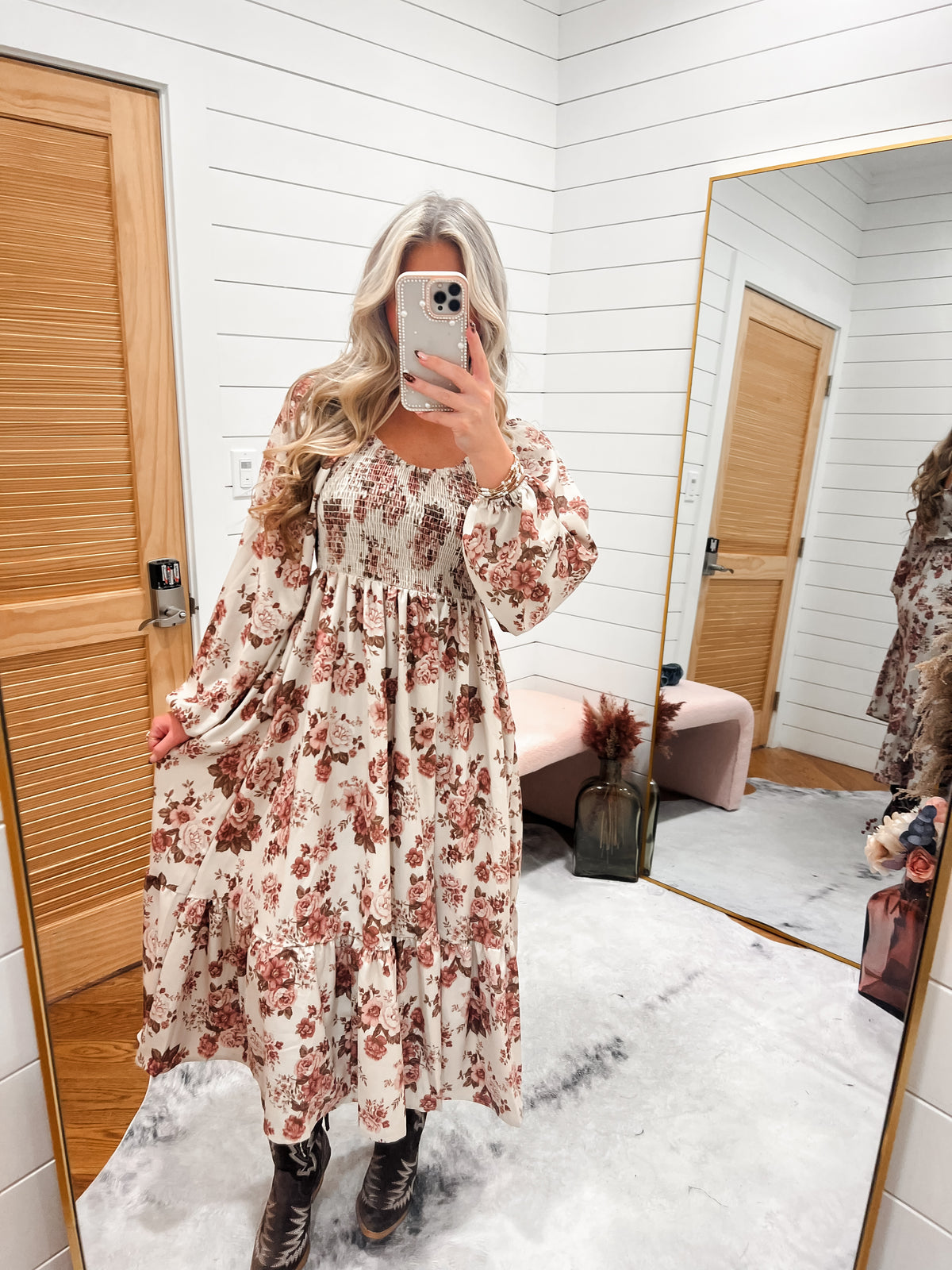 Meadow Taupe Floral Smocked Midi Dress
