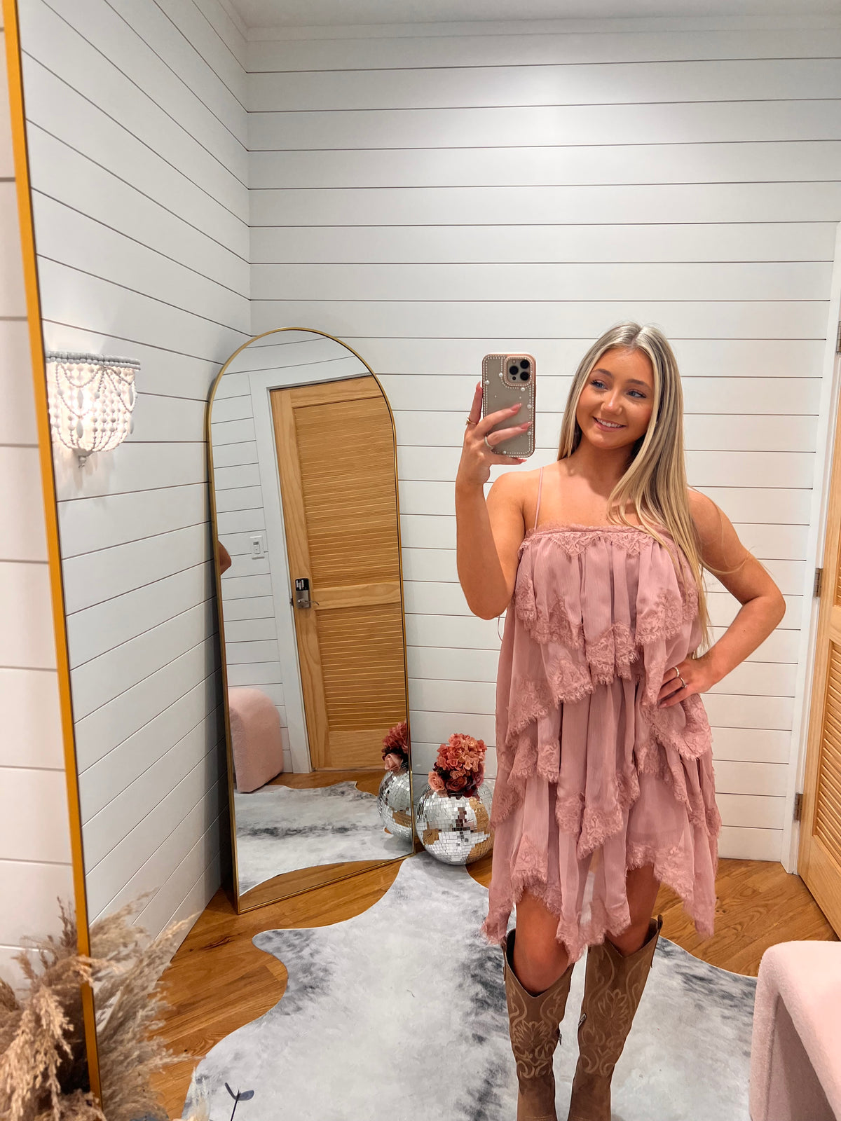 Mauve Tiered Ruffle Lace Trim Open Back Mini Dress
