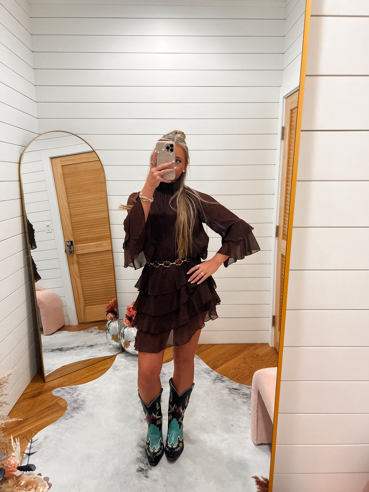 Brown Ruffle Chiffon Mini Dress