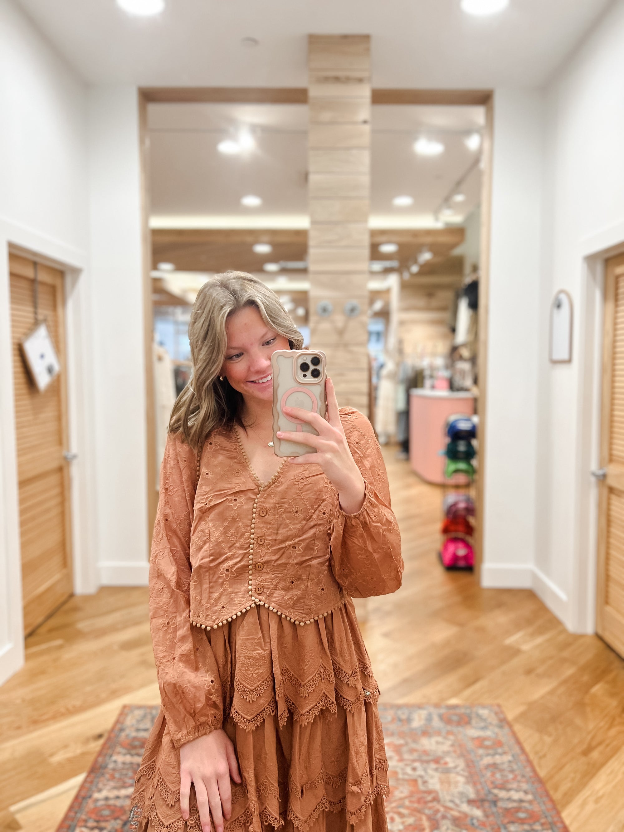 Eyelet and Lace Terracotta Dress