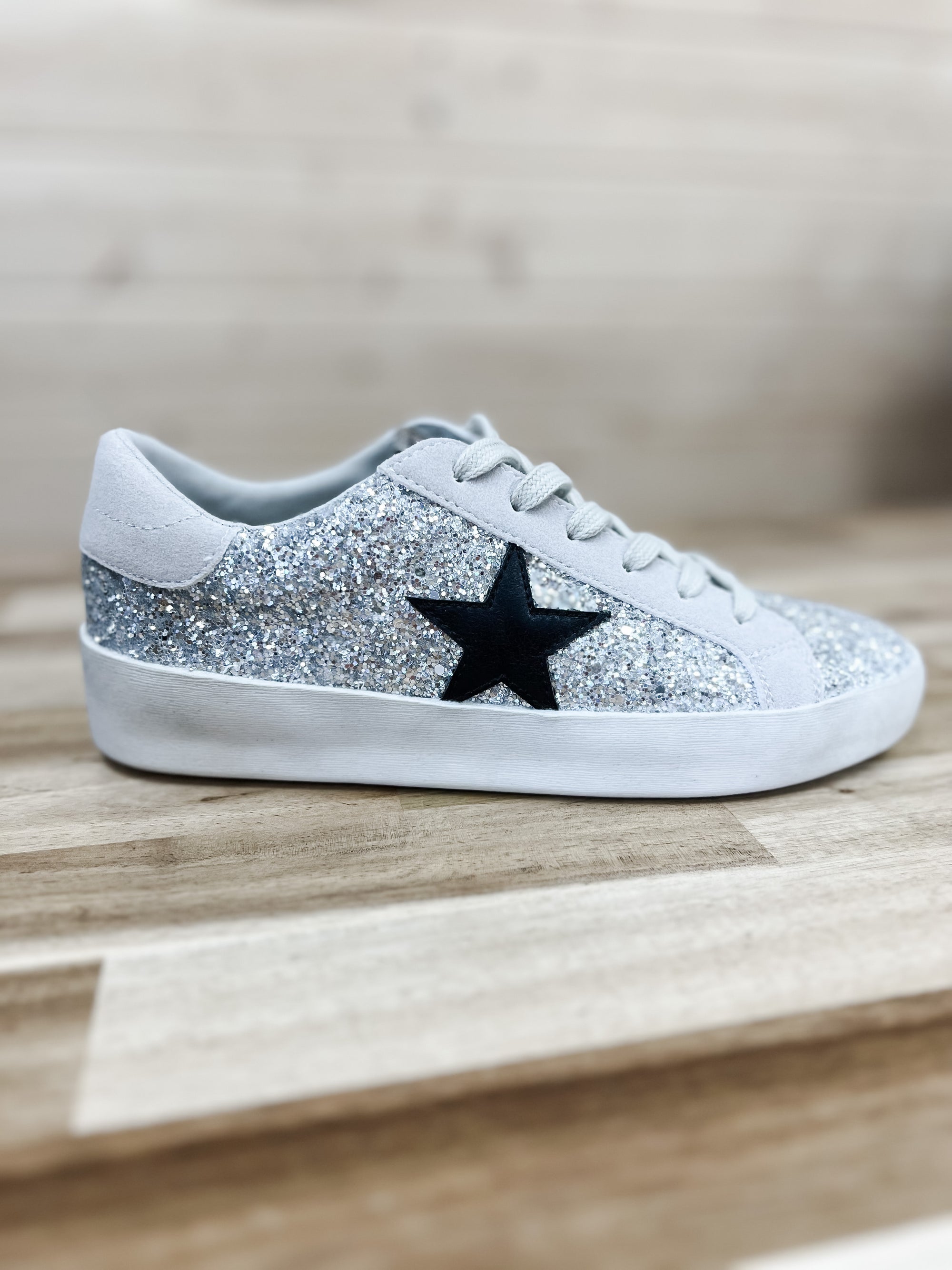 Silver Glitter Black Star Sneakers