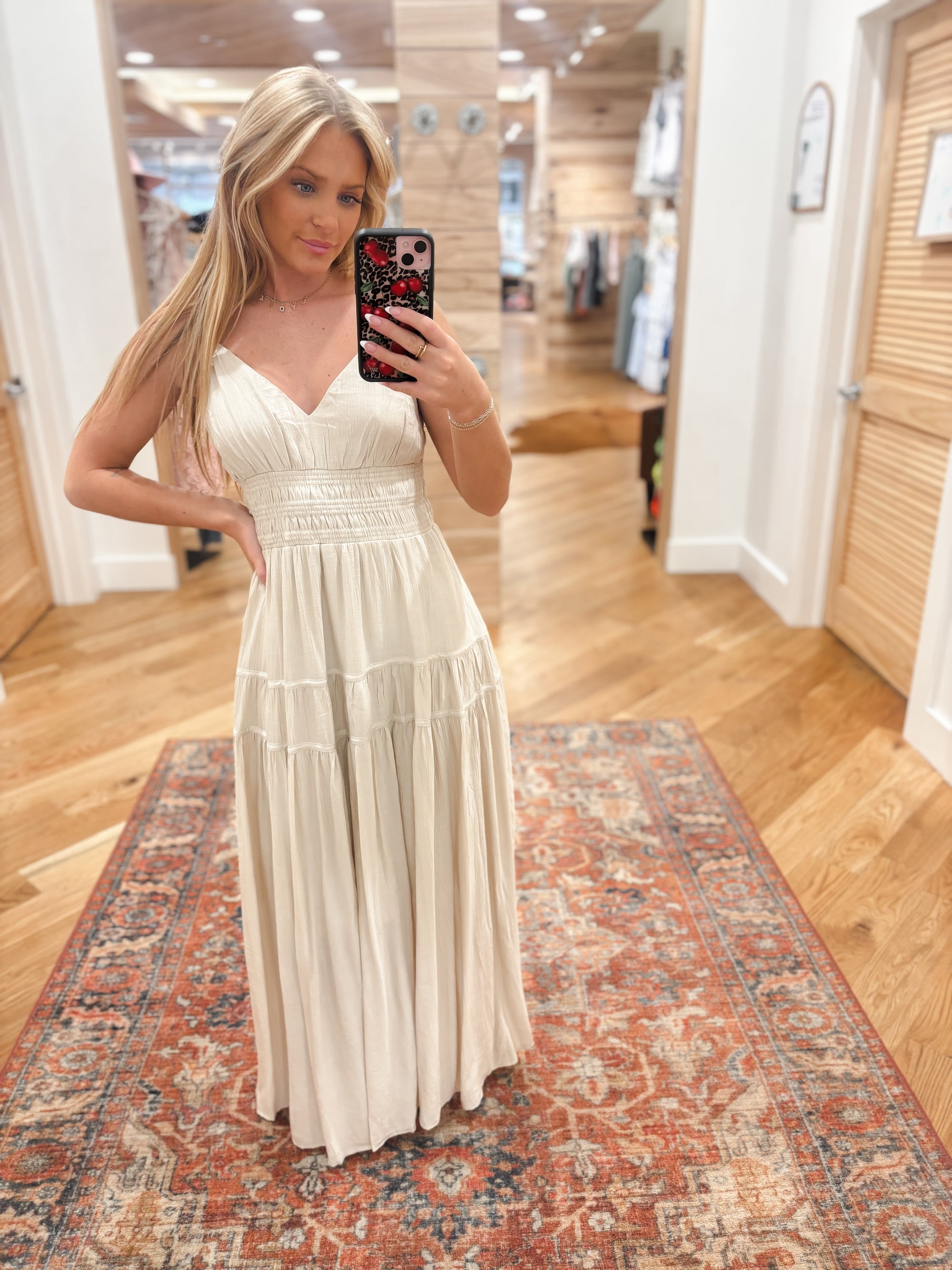 Look effortlessly chic and comfortable in our Marybeth Khaki Midi Dress. Made with 85% rayon and 15% nylon, this dress features a flattering V neckline, adjustable spaghetti straps, a shirred waist and back for the perfect fit, and a solid lined design. Perfect for any occasion, this dress will become a staple in your wardrobe. Boutique style Ashland, Kentucky 
