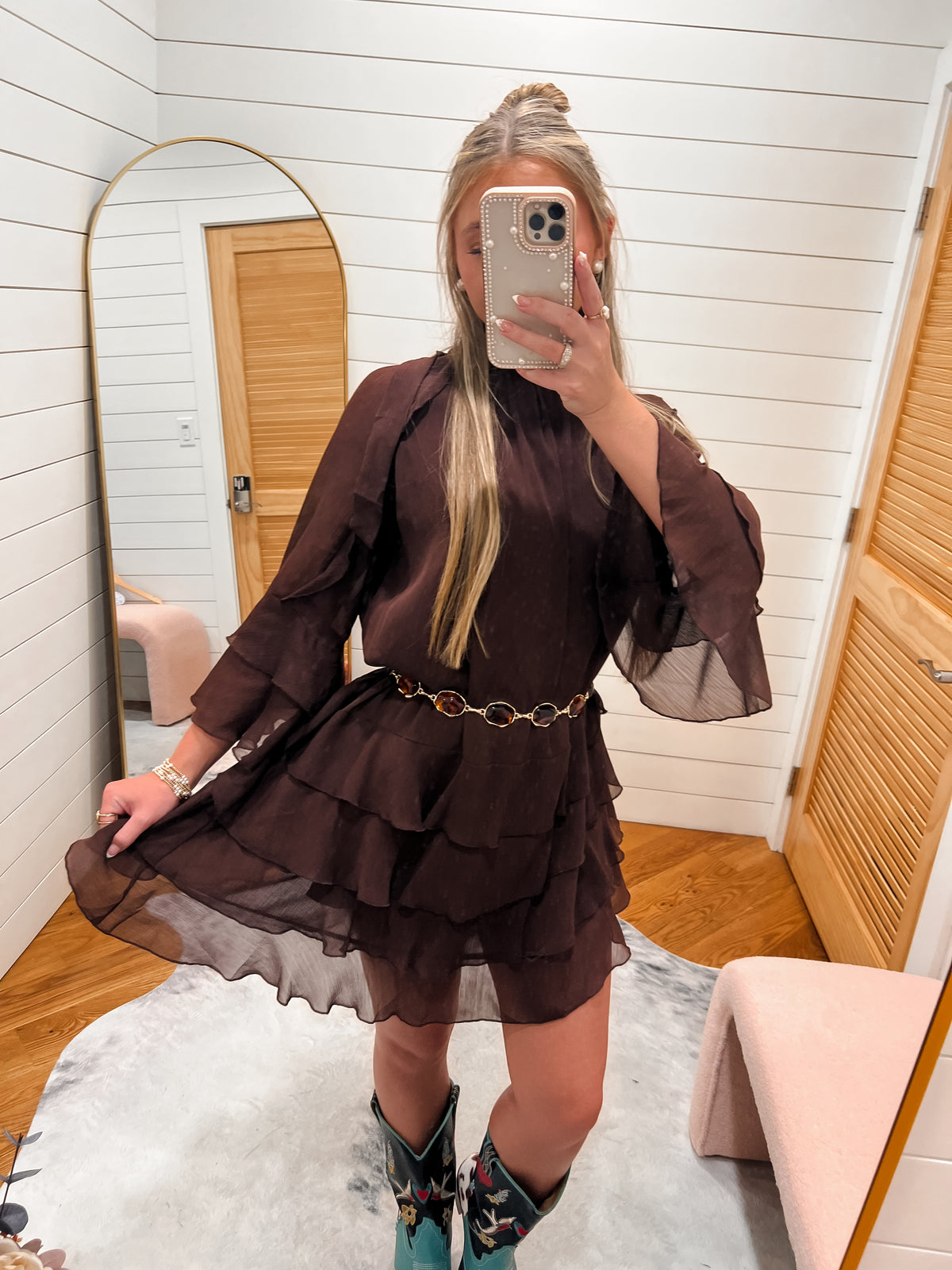 Brown Ruffle Chiffon Mini Dress