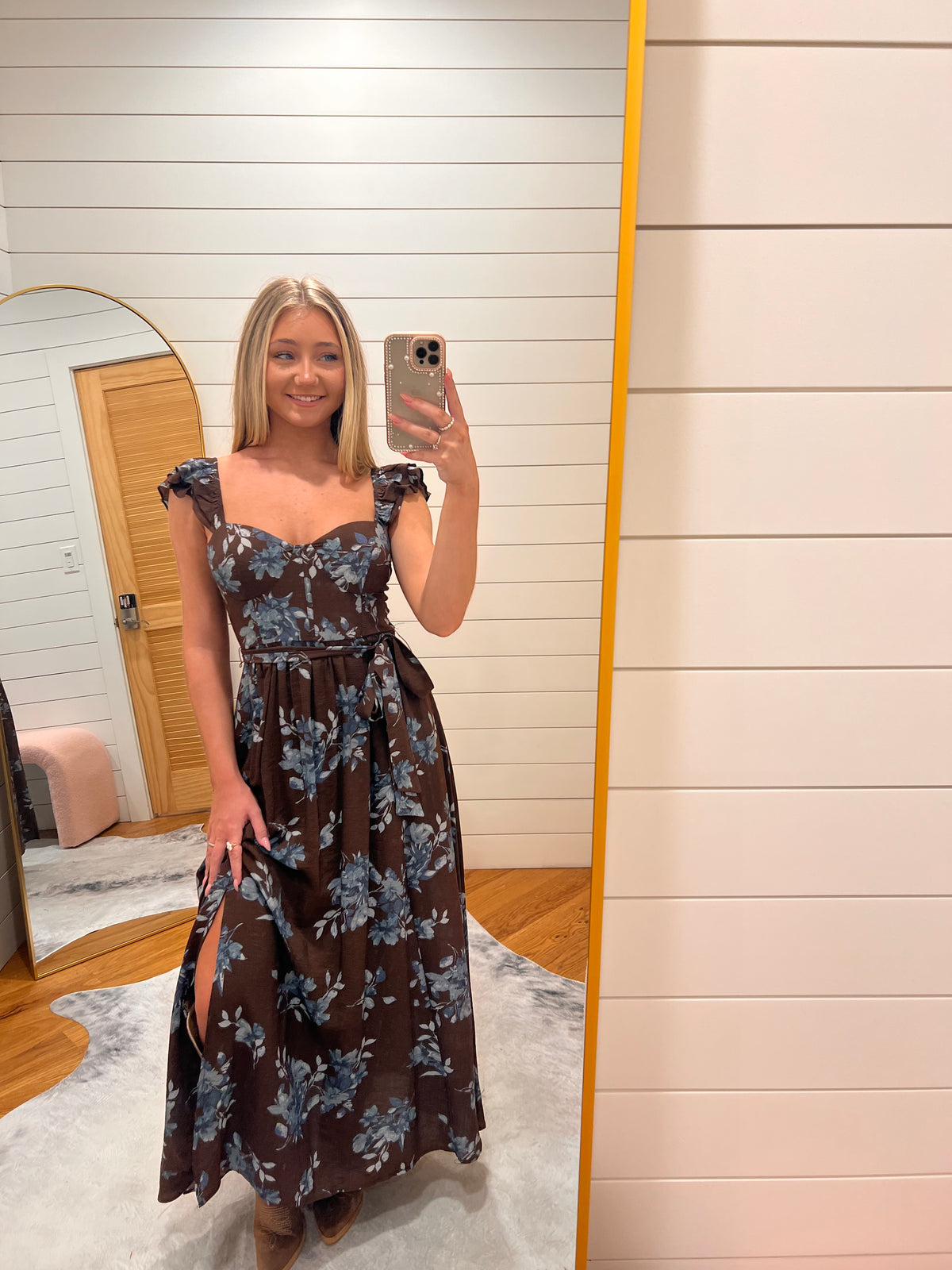 Dark Brown Floral Ruffle Strap Sweetheart Corset Midi Dress