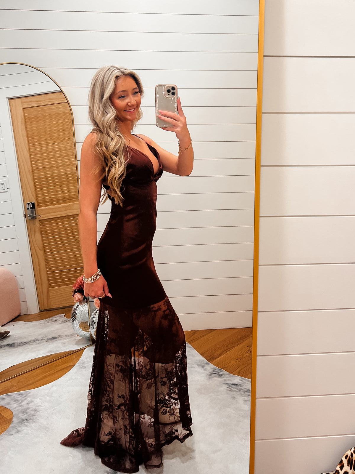 Brown Satin Midi Dress with Side Slit