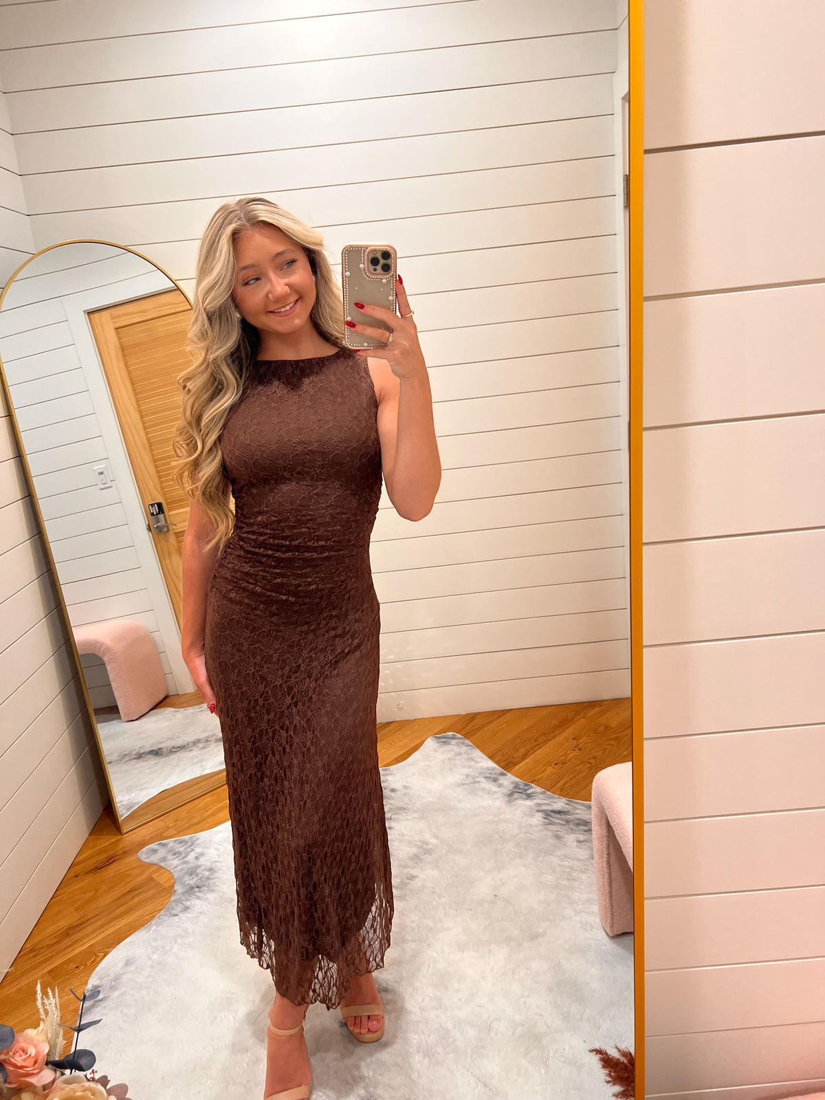 Dark Brown Lace Ruched Tank Midi Dress