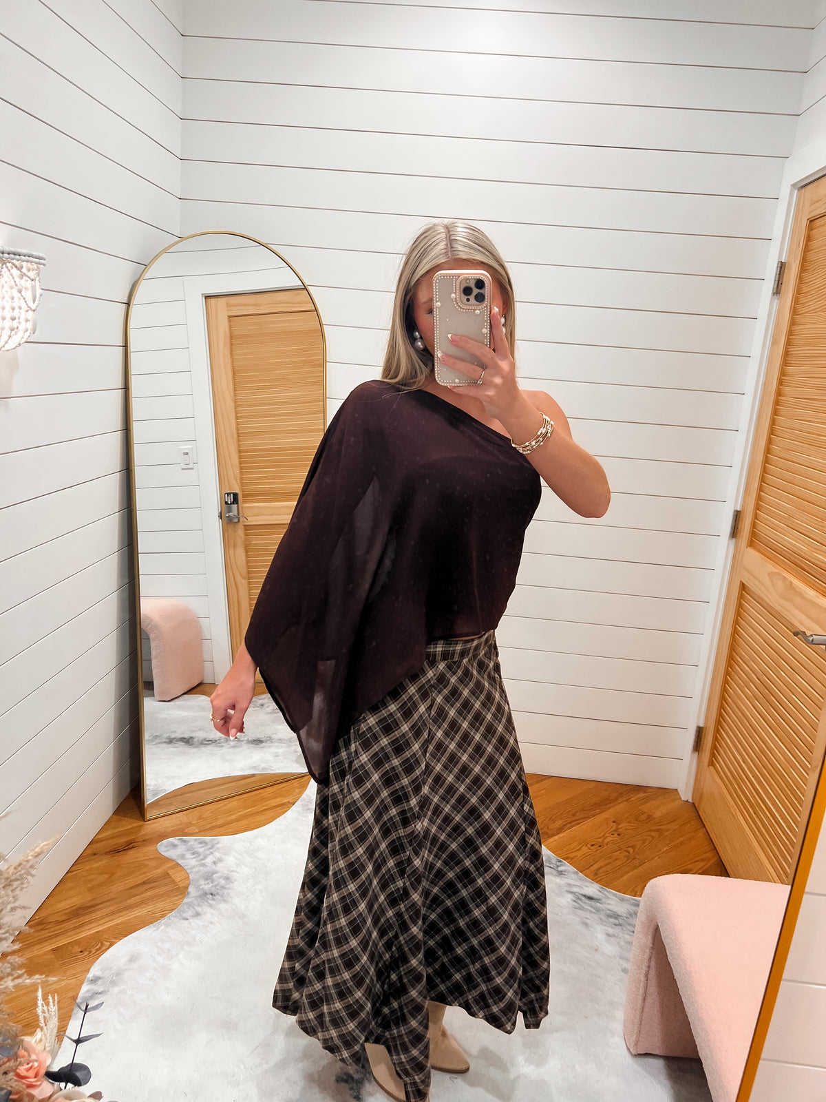 Chocolate Plaid Hem Midi Skirt