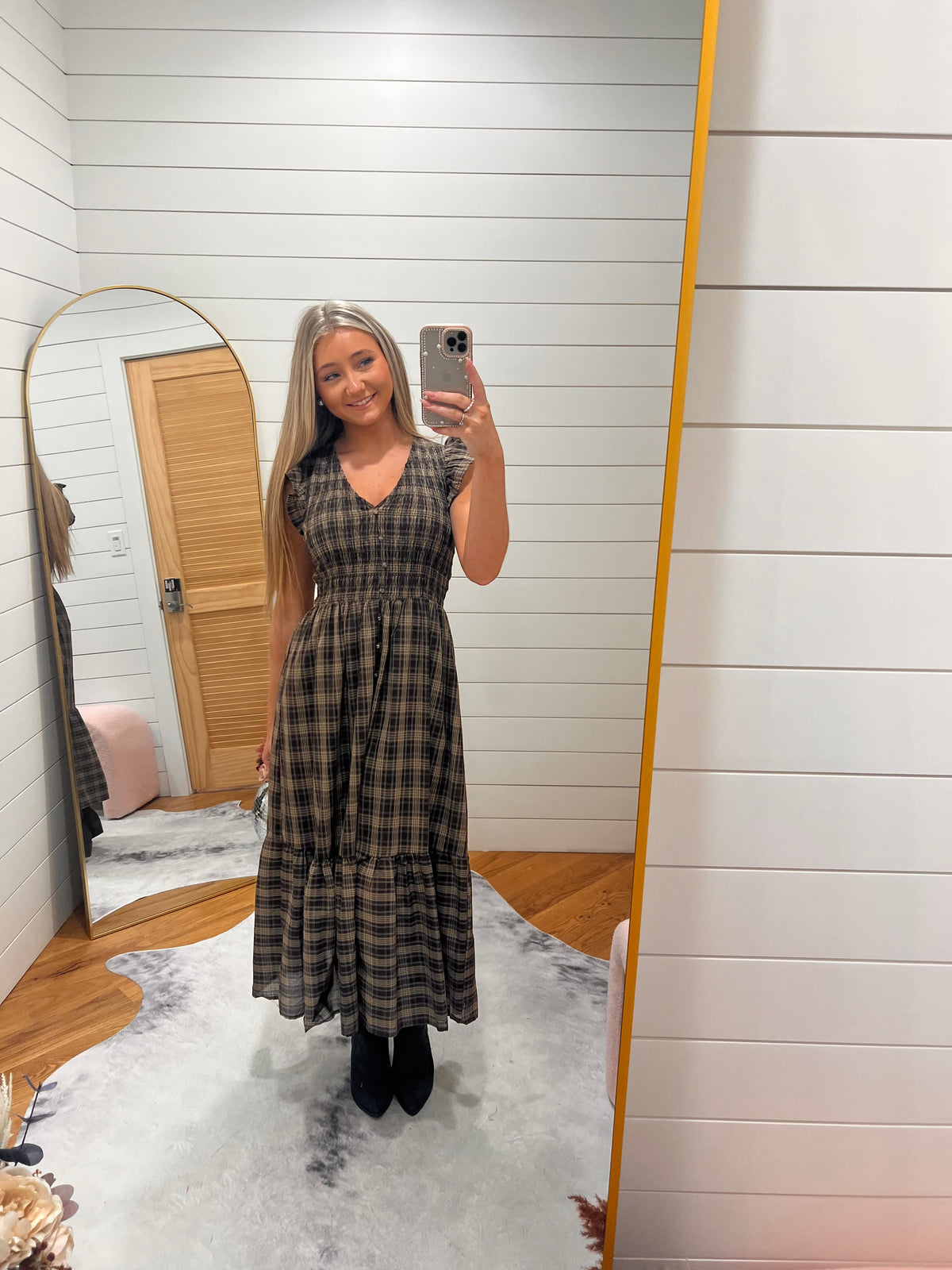 Brown Plaid Smocked Button Front Midi Dress