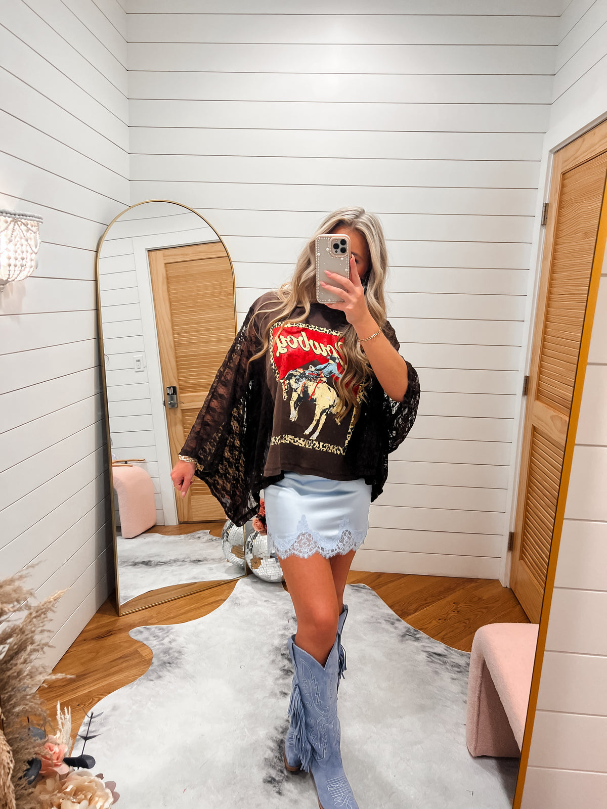 Brown Western Cowboy Leopard Lace Sleeve Graphic Tee