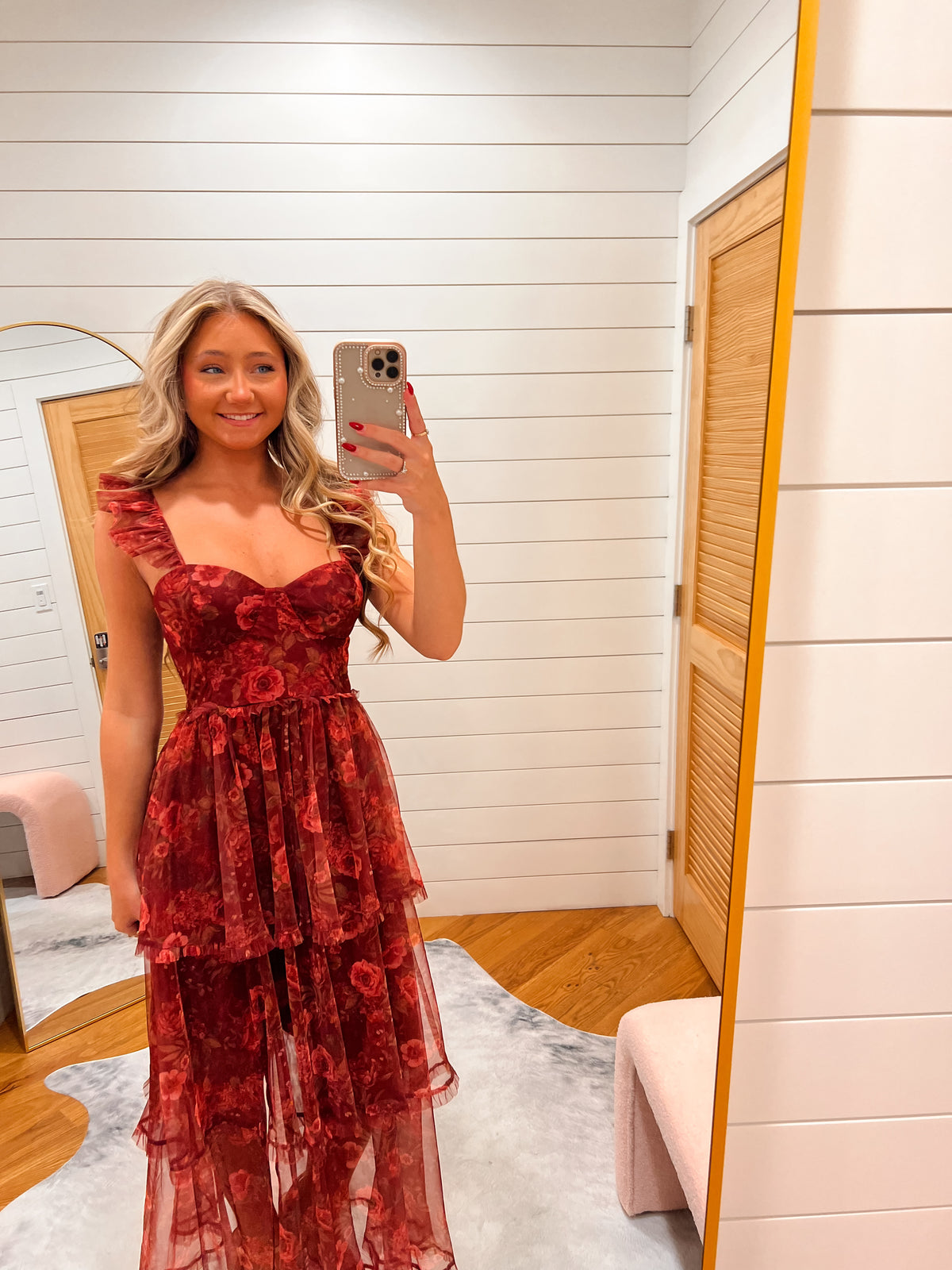 Burgundy Blossom Corset Ruffle Midi Dress