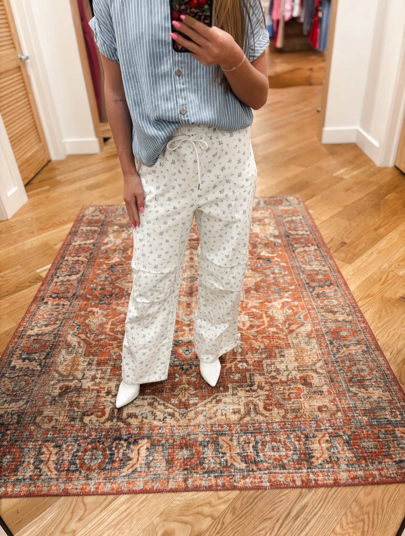 White Floral Printed Linen Pants