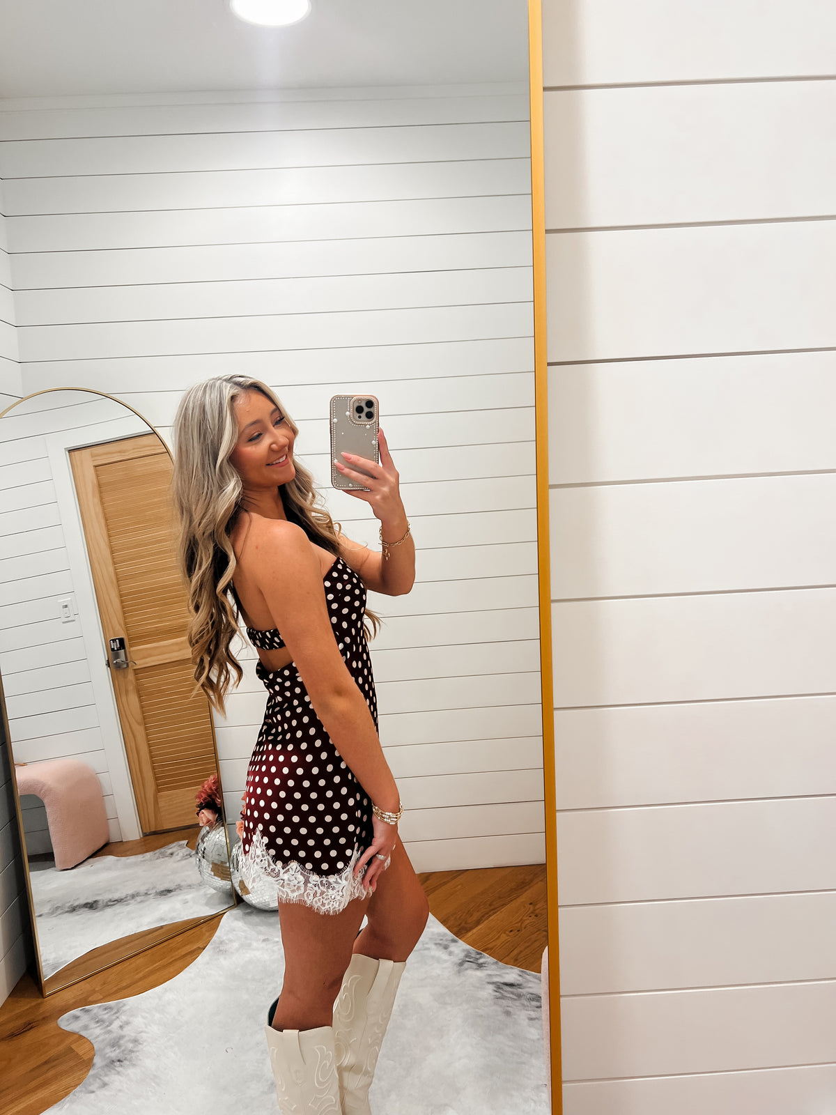 The polka dot wine lace trim mini dress