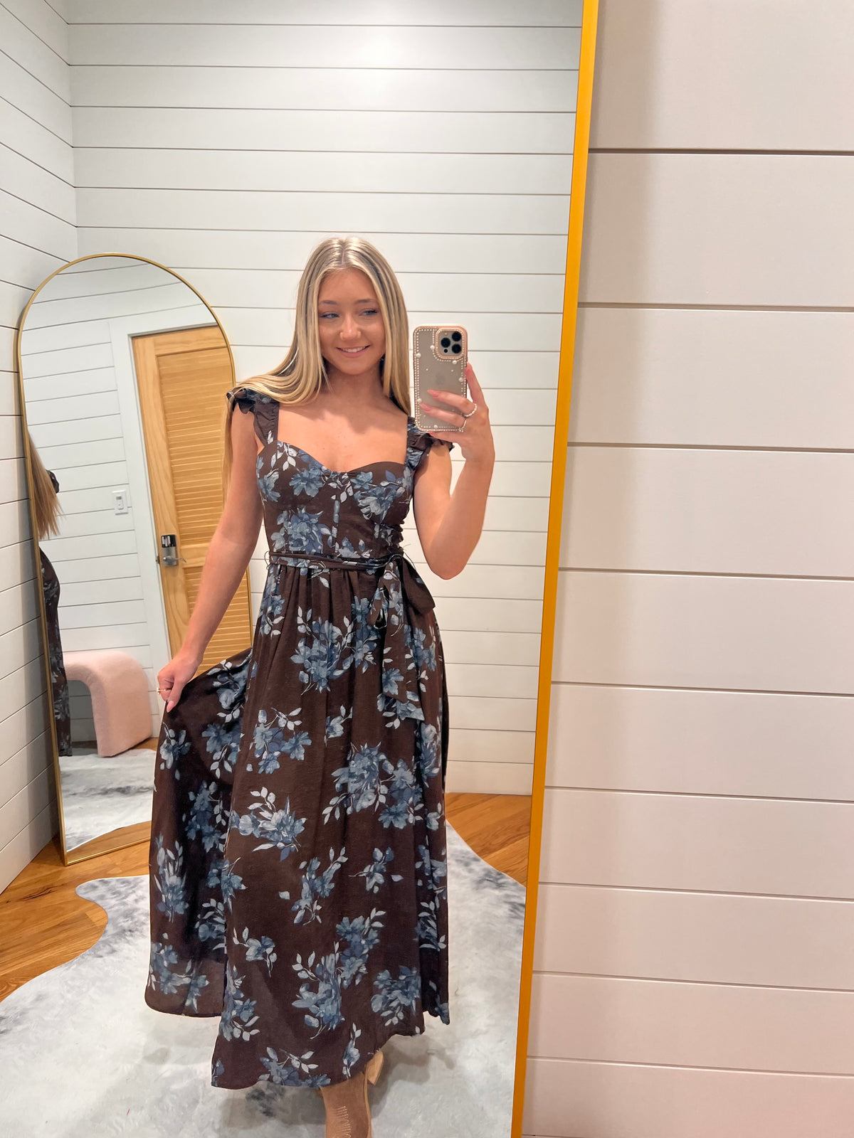 Dark Brown Floral Ruffle Strap Sweetheart Corset Midi Dress