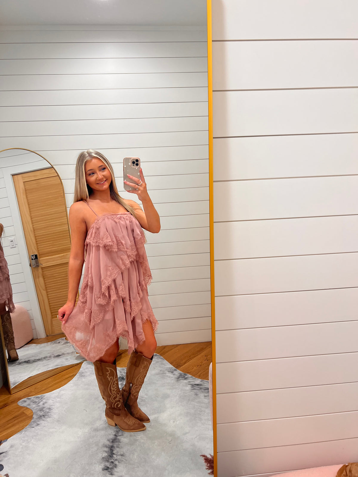 Mauve Tiered Ruffle Lace Trim Open Back Mini Dress