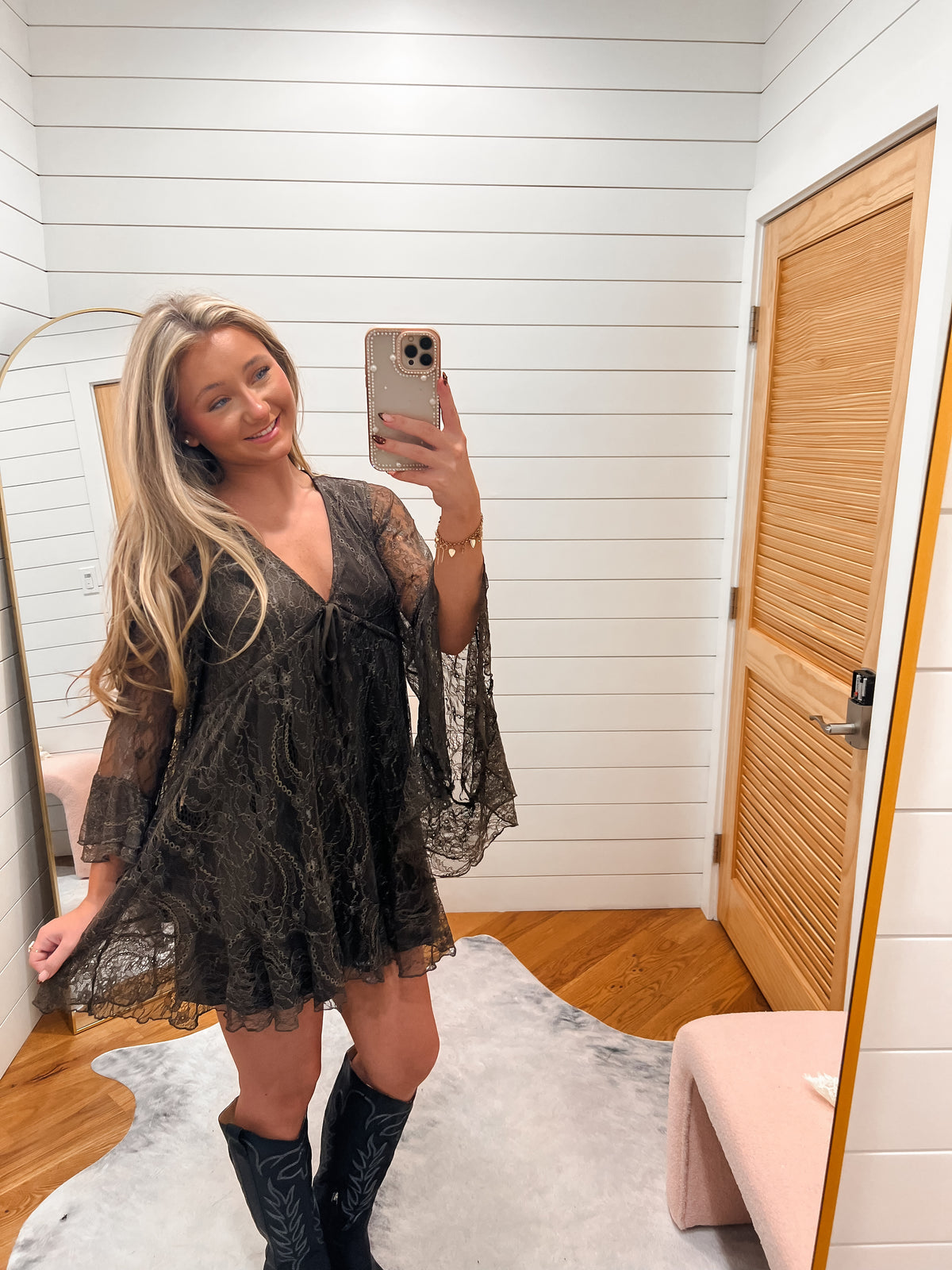 Ruffled V-Neck Dark Brown Mini Dress