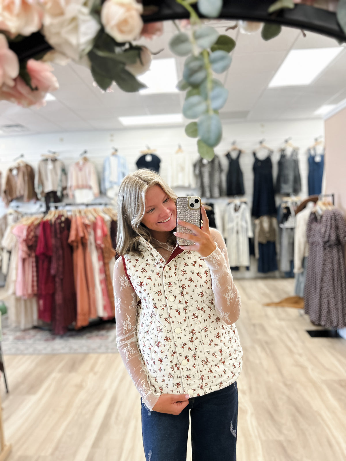 Millie Cream Floral Quilted Puffer Vest