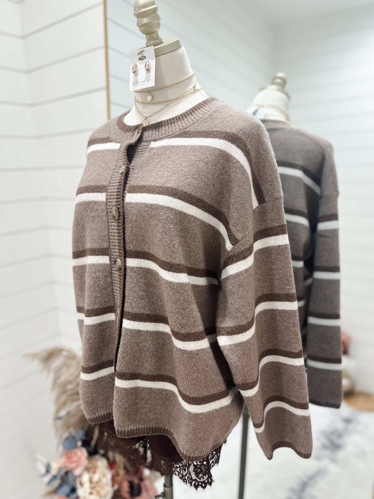 Light Mocha Stripe Button Knit Cardigan