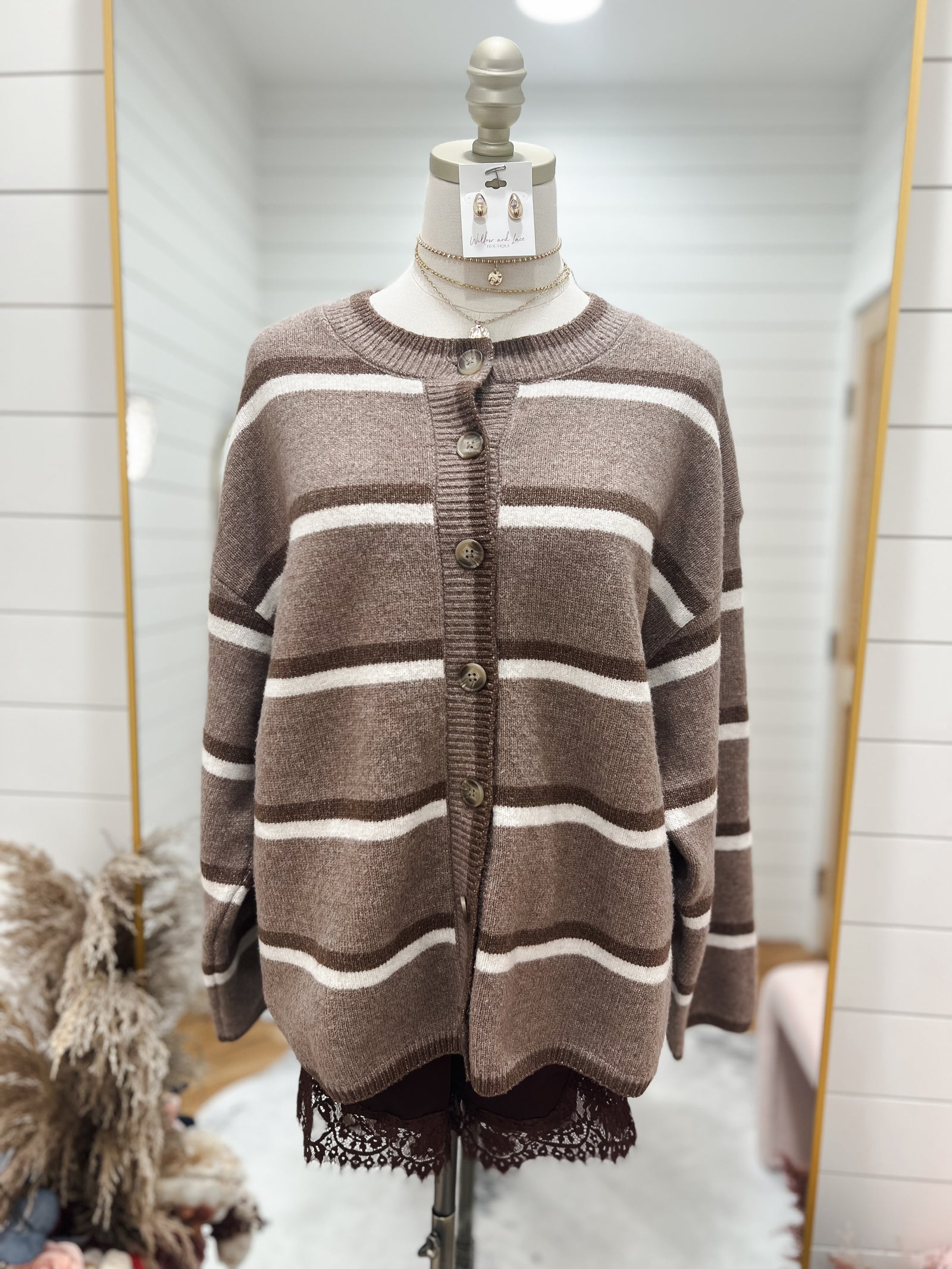 Light Mocha Stripe Button Knit Cardigan