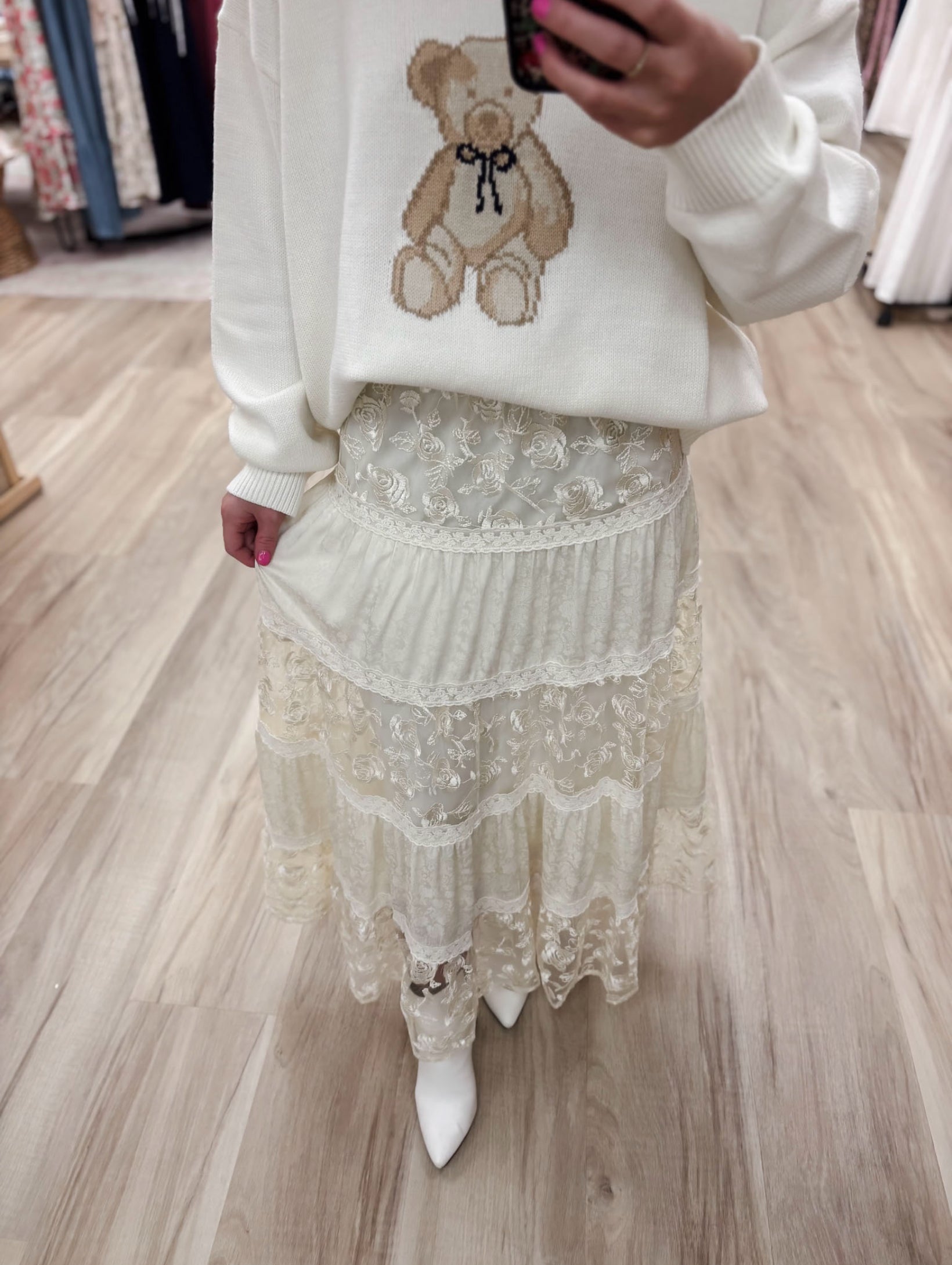 Floral Lace Tiered Cream Maxi Skirt