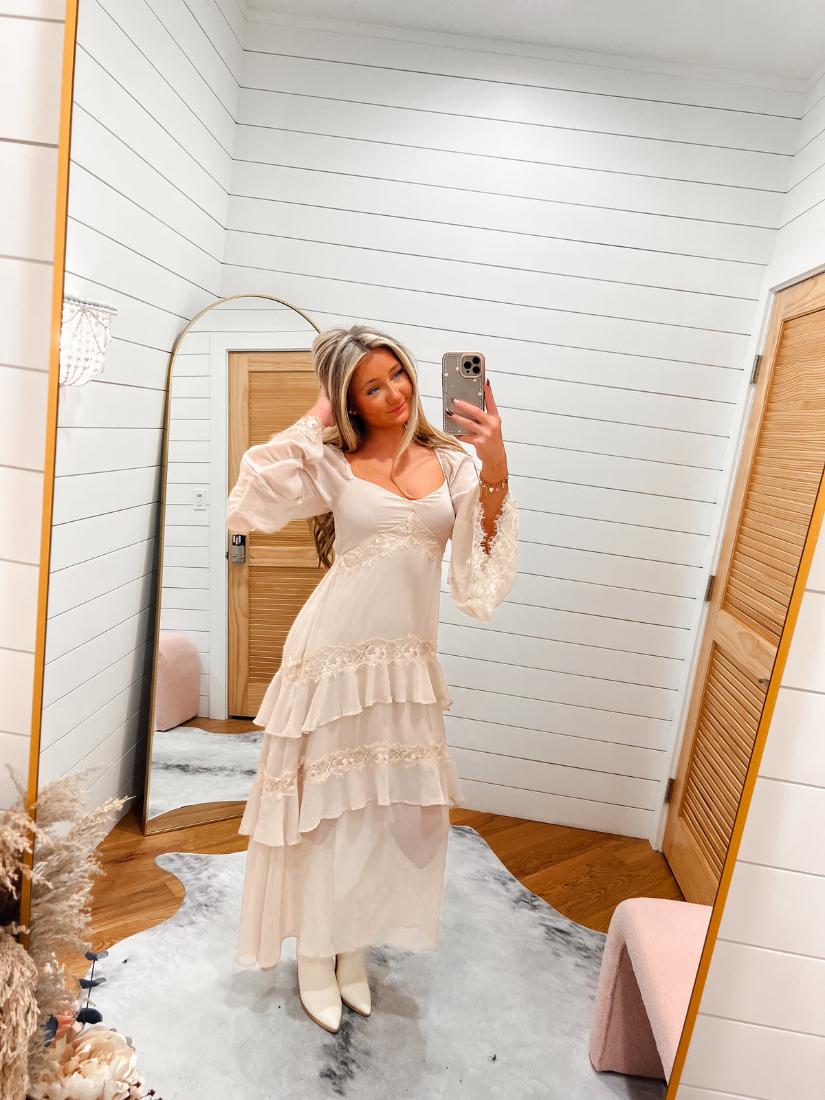 Forever Lace Ruffle Cream Midi Dress