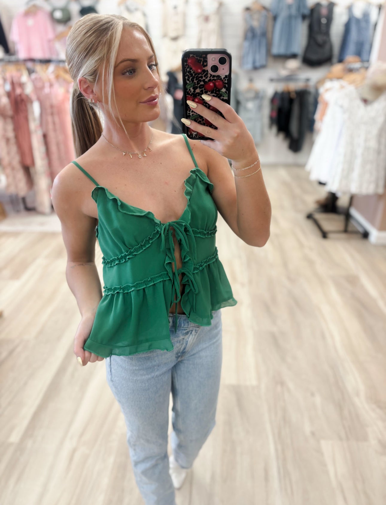 Chiffon Green Sleeveless Ruffled Cami Top