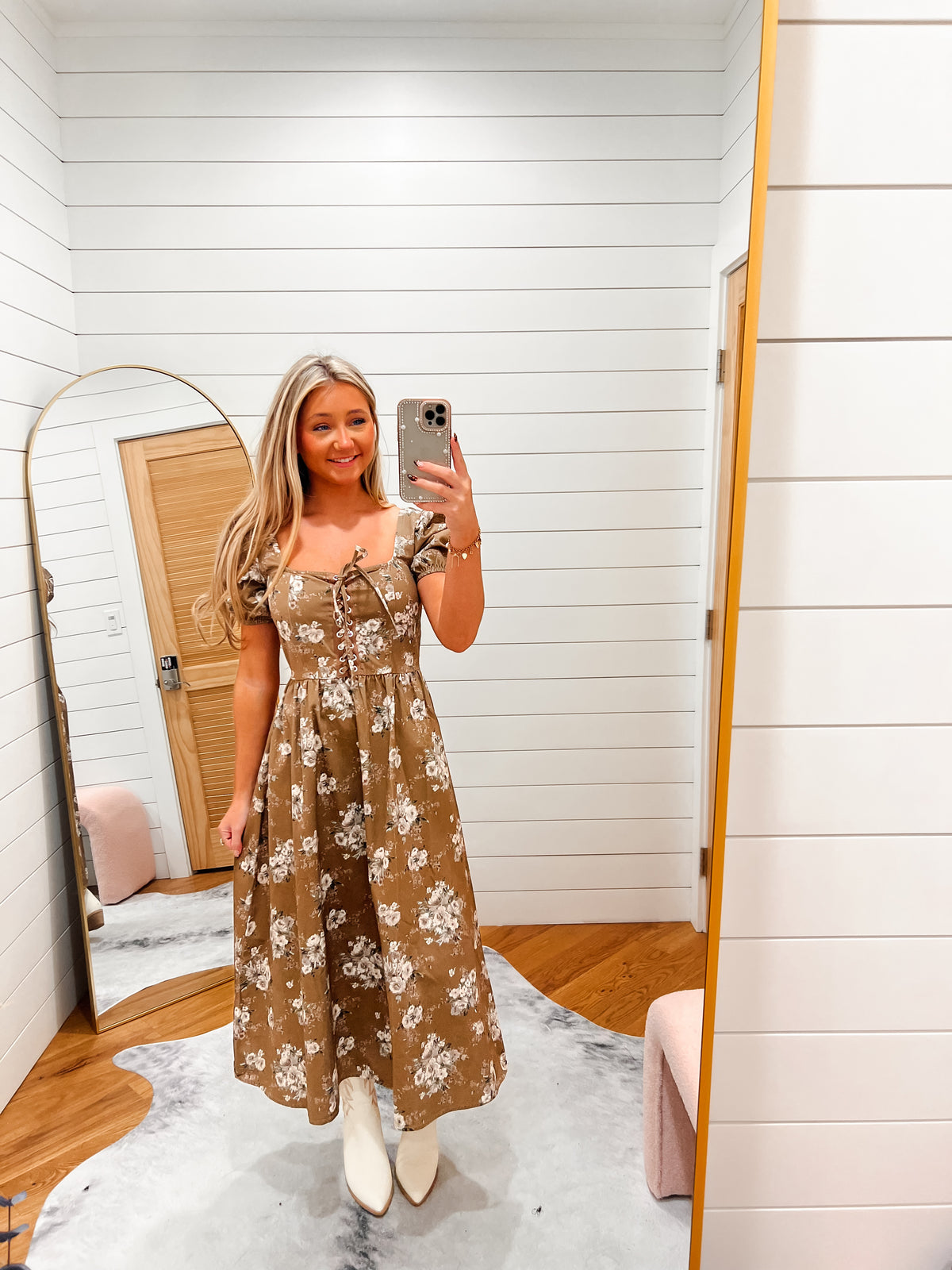 Light Brown Multi Floral Lace Up Puff Sleeve Midi Dress