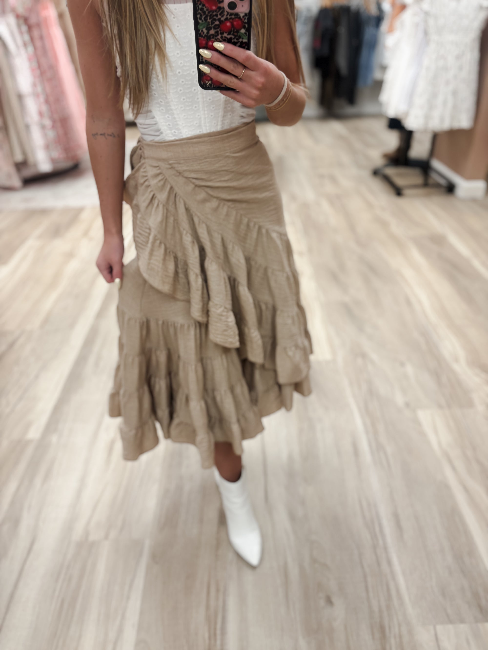 High-Waist Tiered Wrap Taupe Maxi Skirt