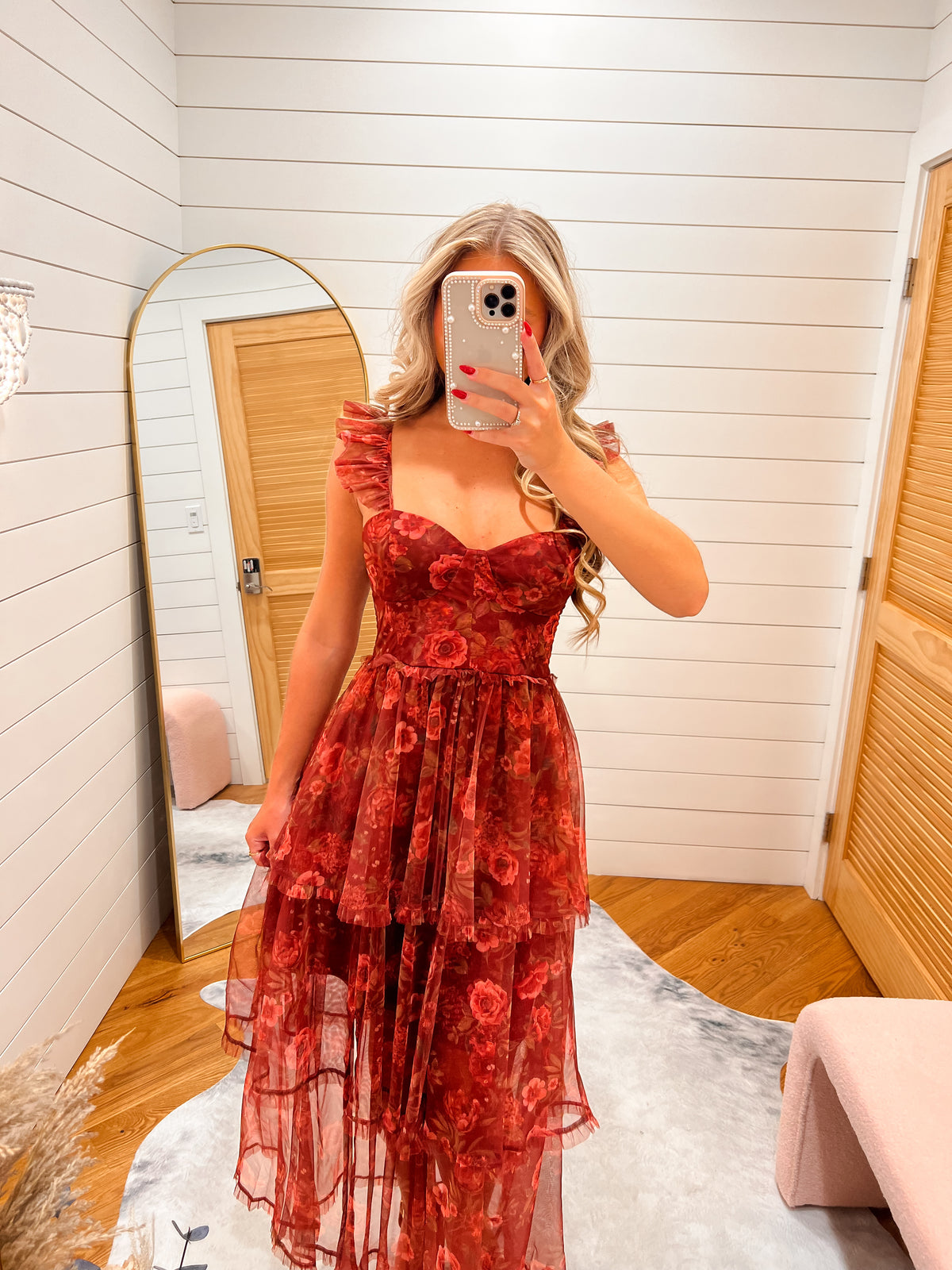 Burgundy Blossom Corset Ruffle Midi Dress