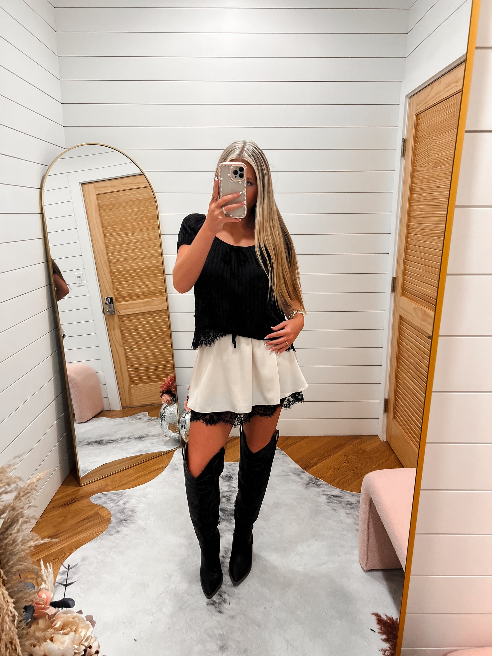 Cream Black Layered Lace Mini Skirt