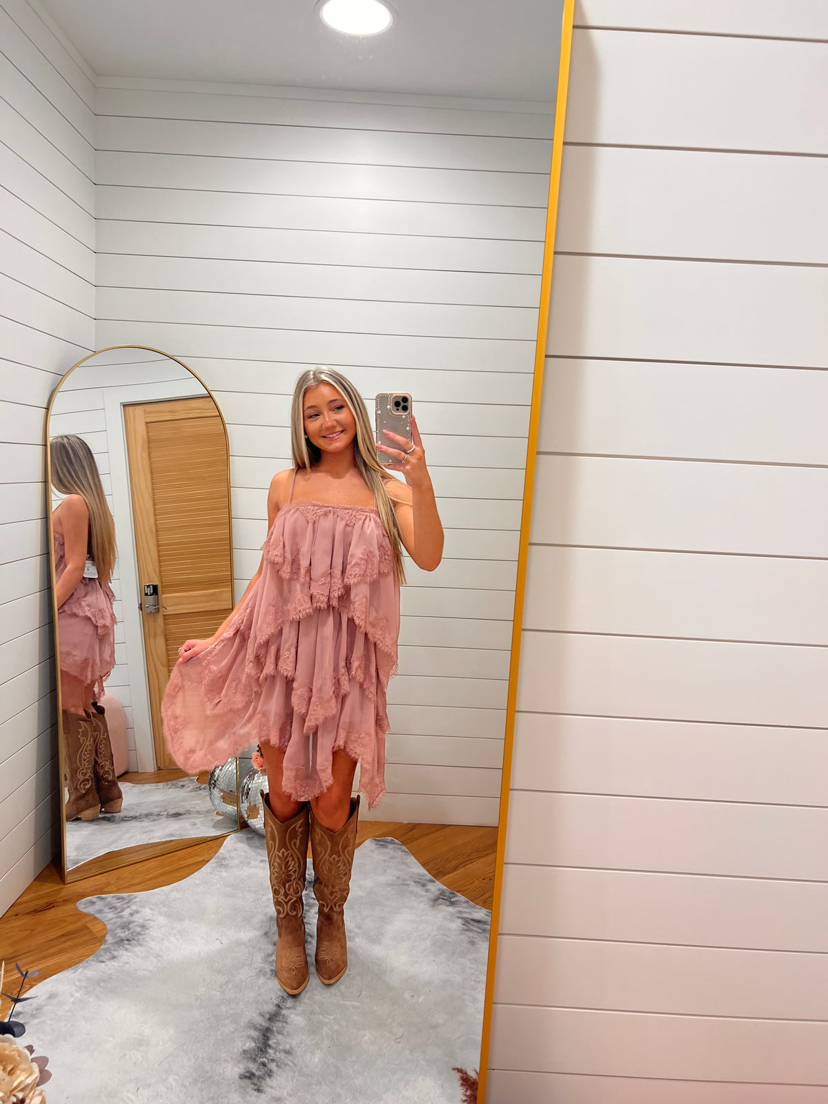 Mauve Tiered Ruffle Lace Trim Open Back Mini Dress