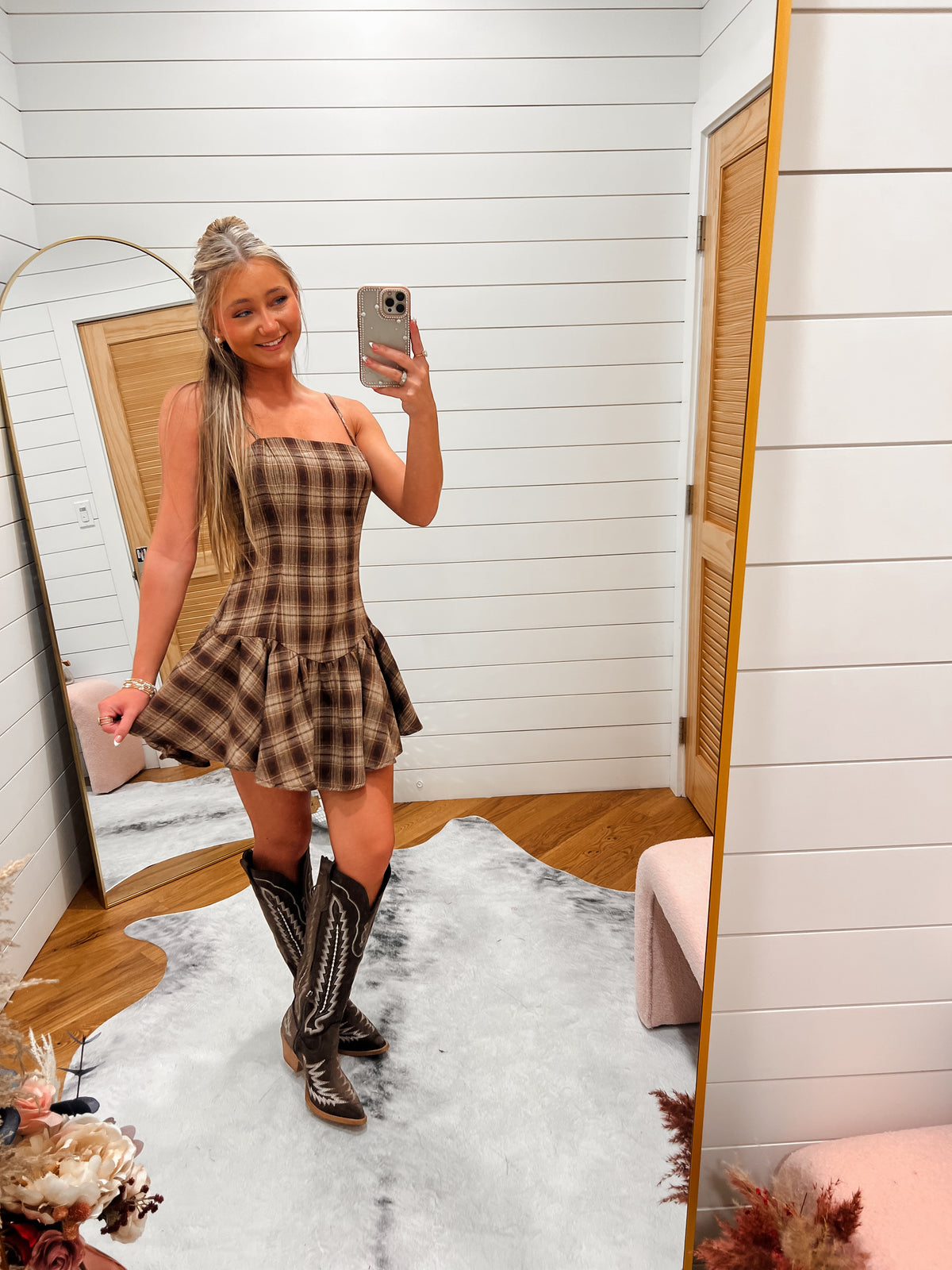 Brown Square Neck Checker Pattern Dress