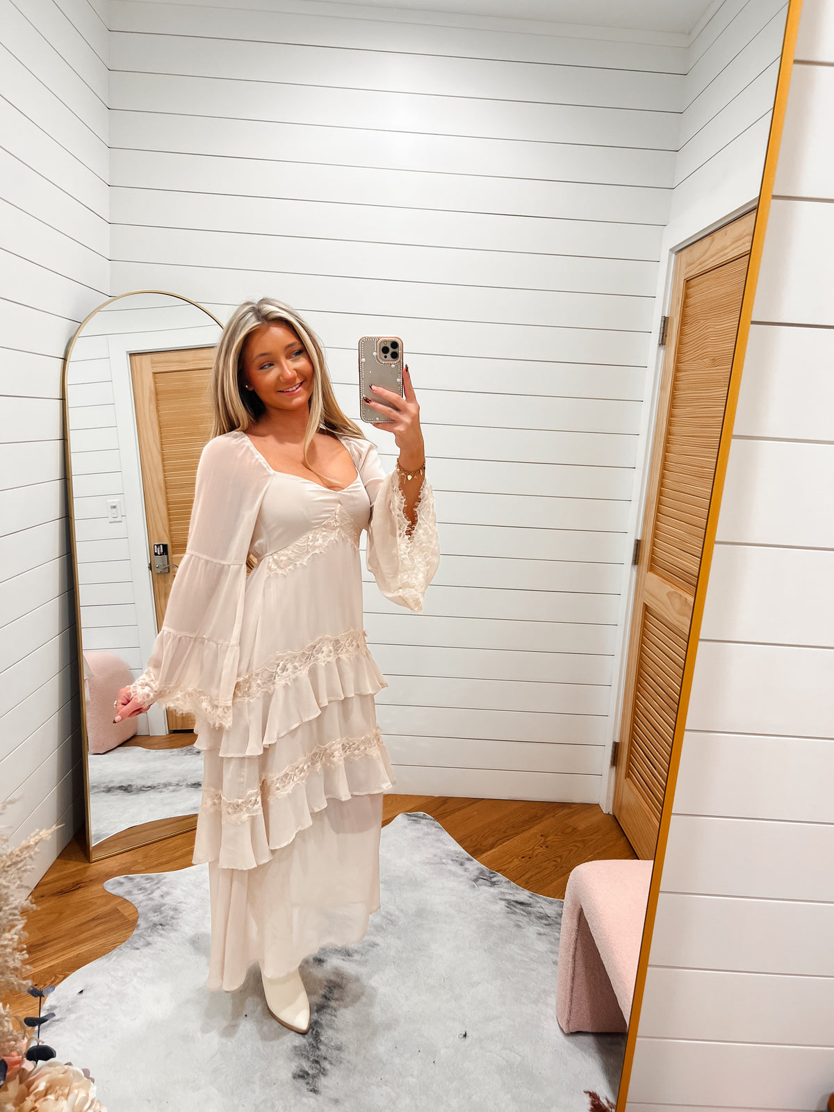 Forever Lace Ruffle Cream Midi Dress