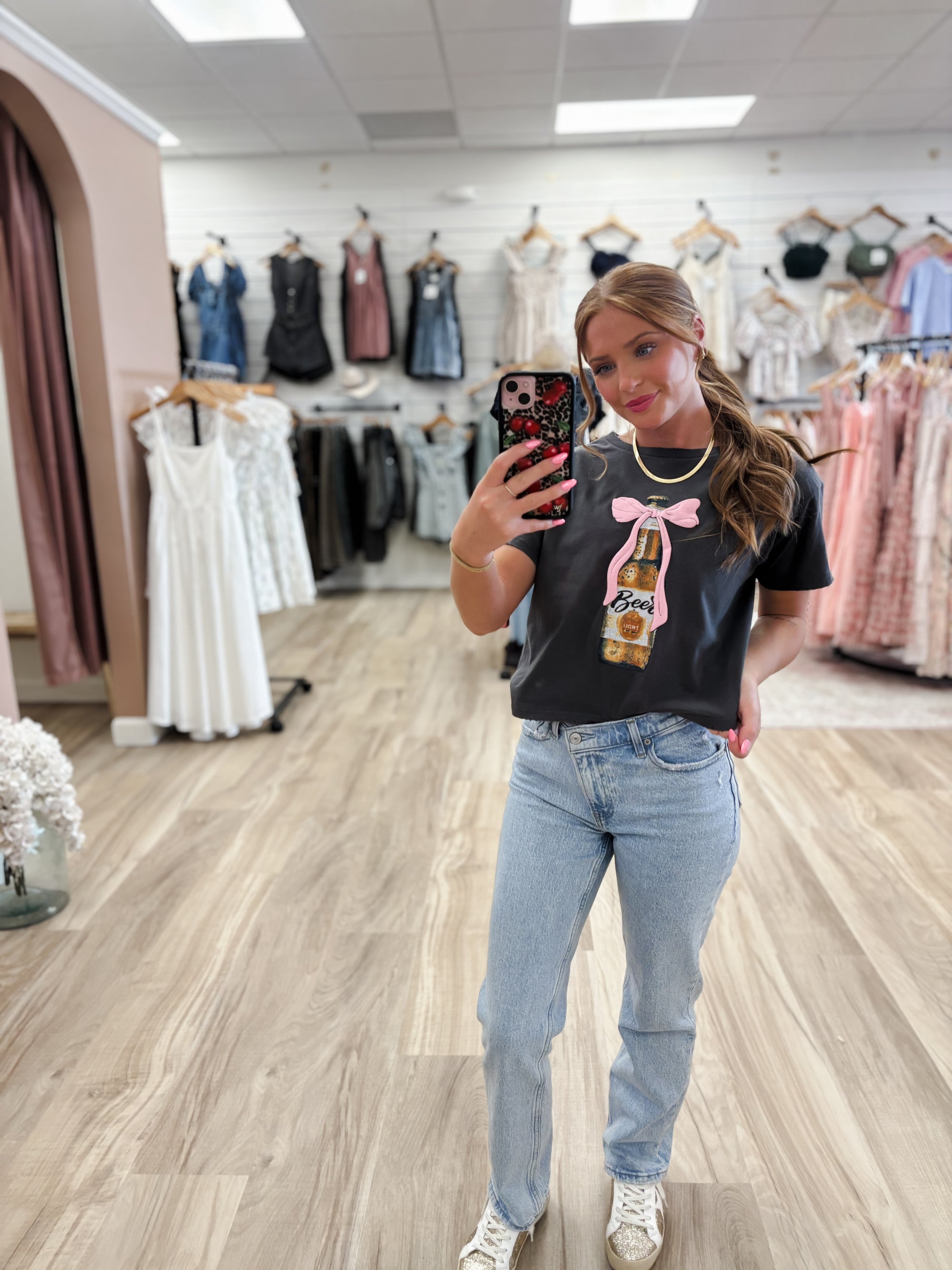 Puff Coquette Bow Beer Vintage Black Cropped Tee