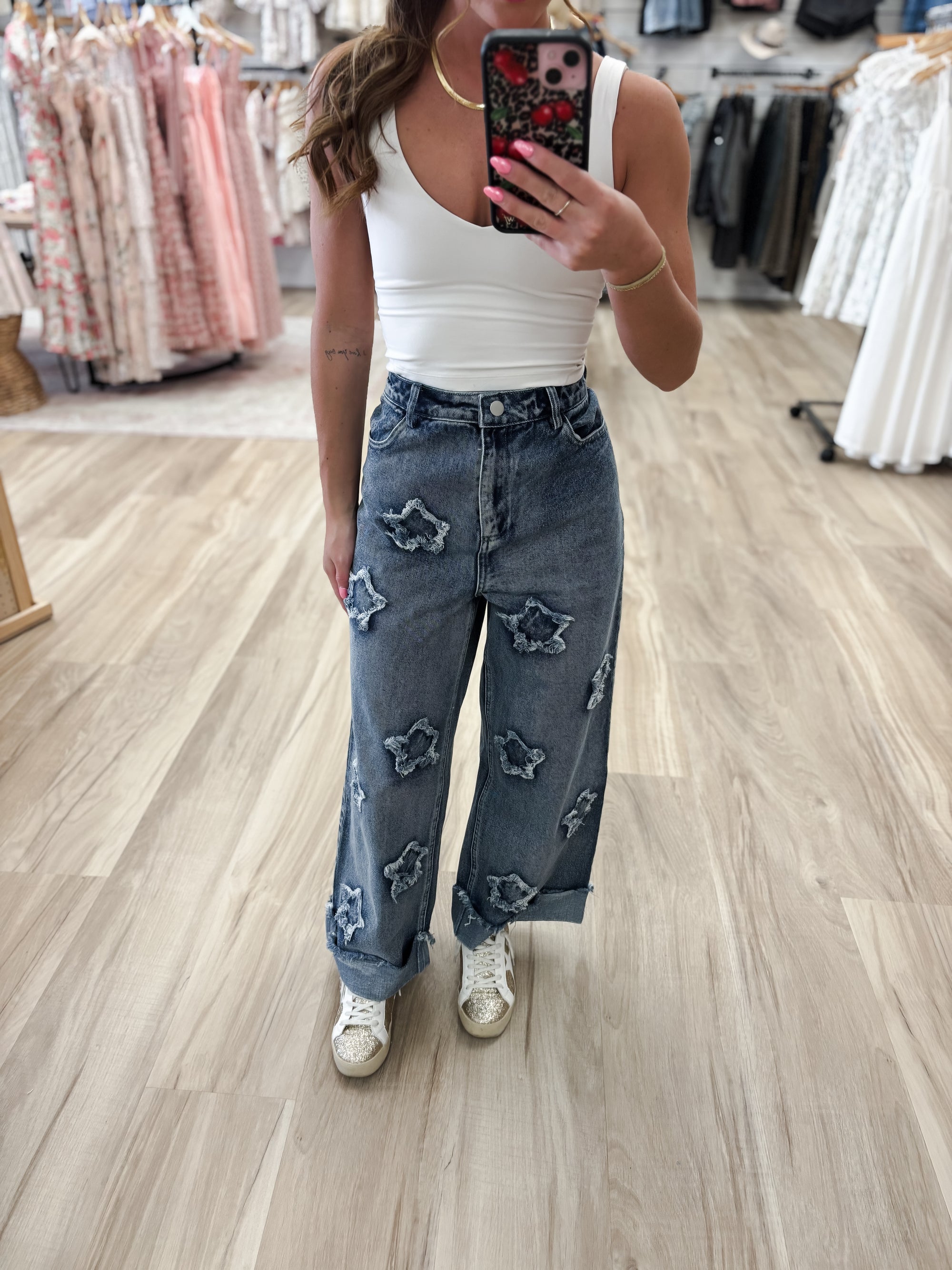 Denim Washed Star Patched Pants