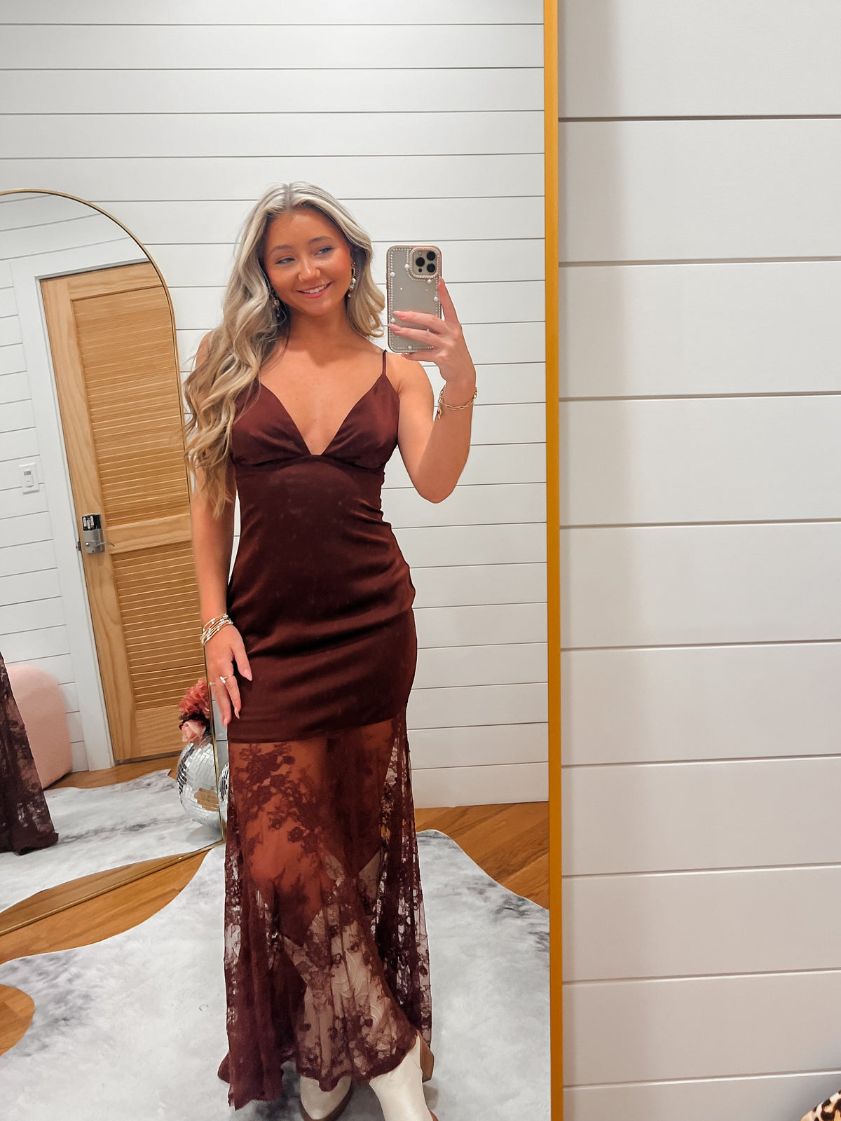 Brown Satin Midi Dress with Side Slit