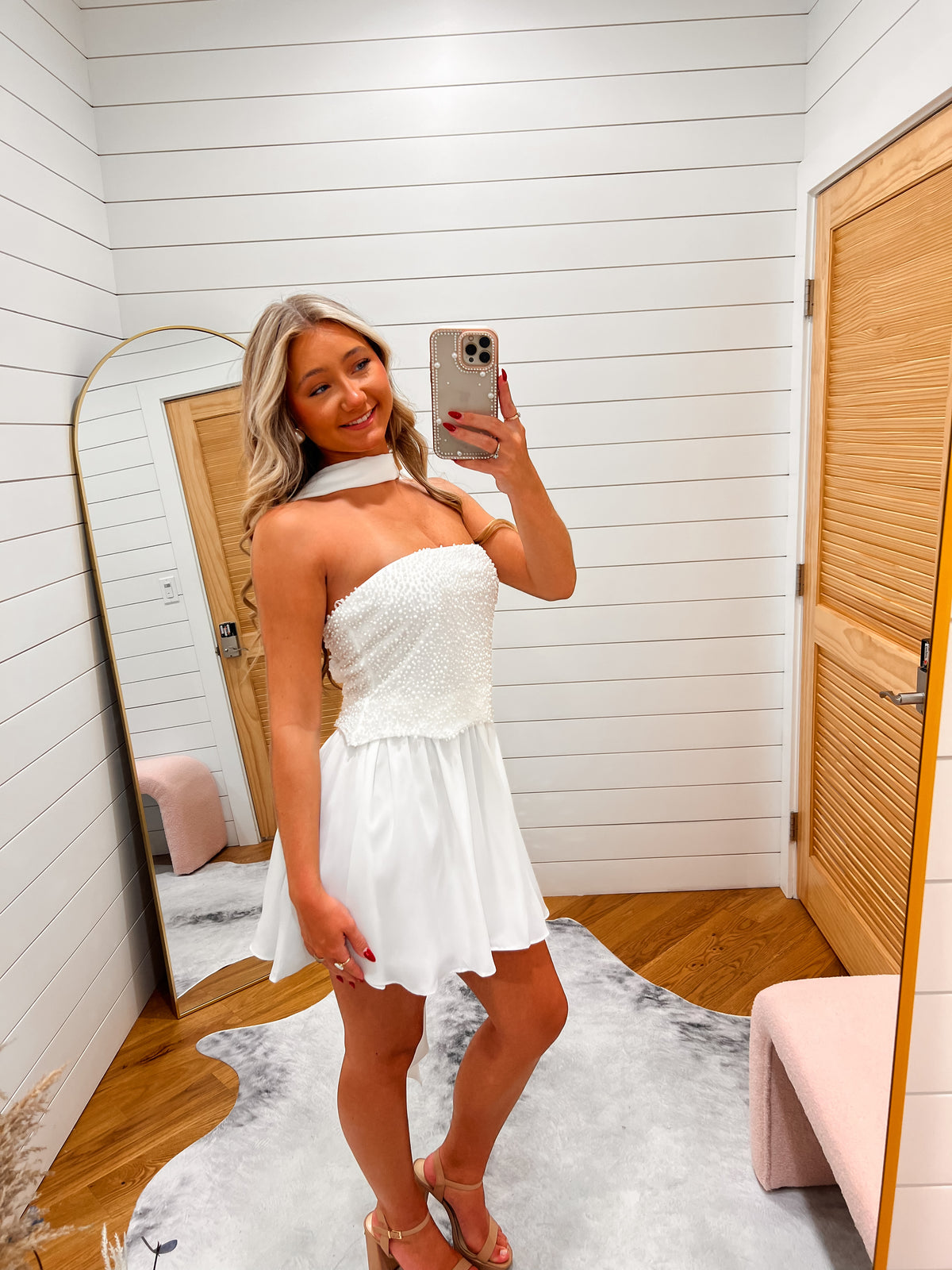White Beaded Strapless Tulle Mini Dress with Scarf