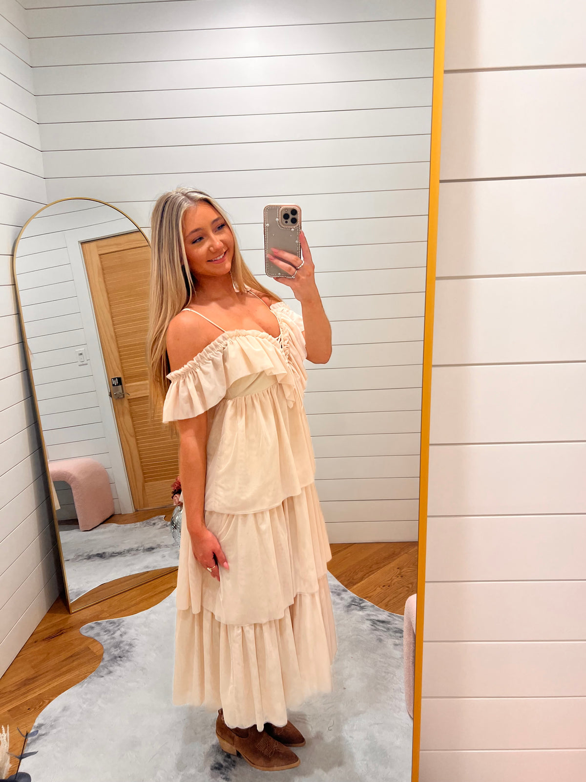 Cream Ruffle Lace-Up Tiered Midi Dress
