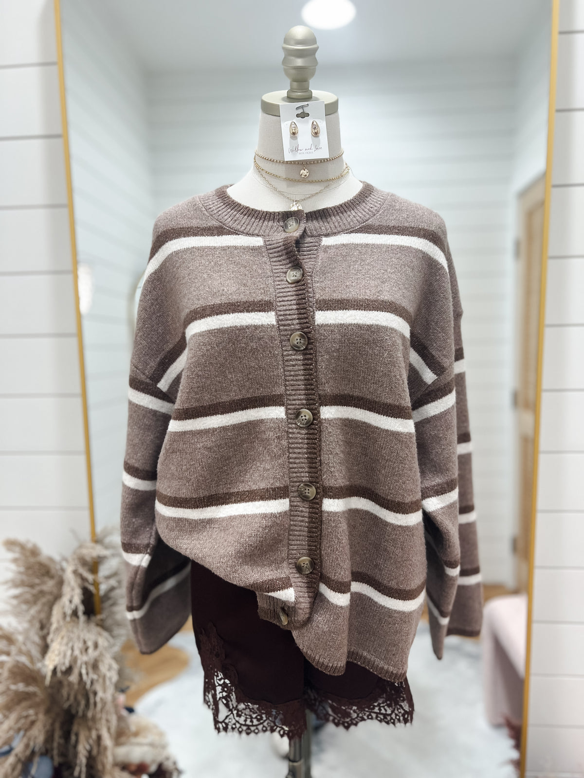 Light Mocha Stripe Button Knit Cardigan