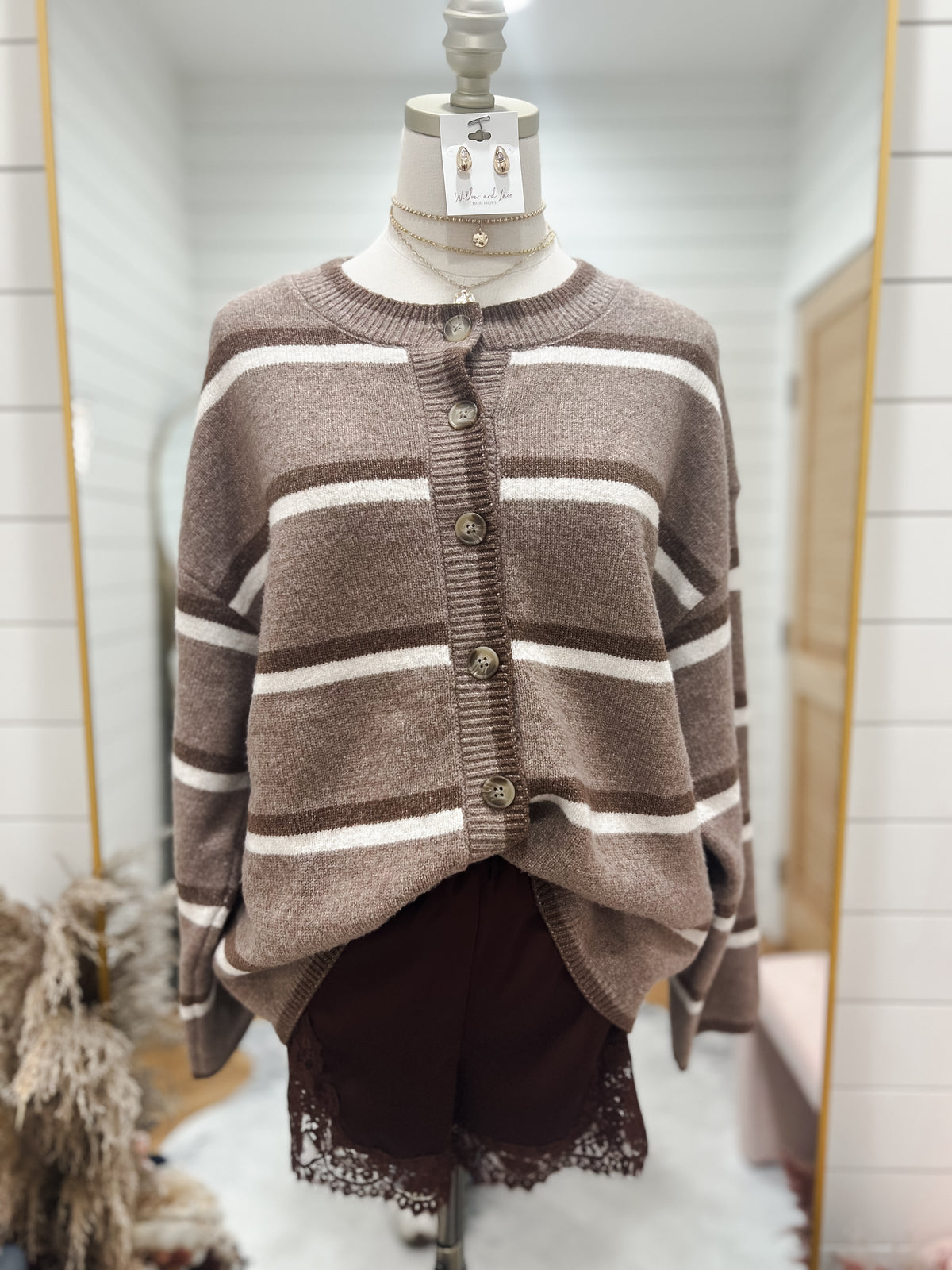 Light Mocha Stripe Button Knit Cardigan