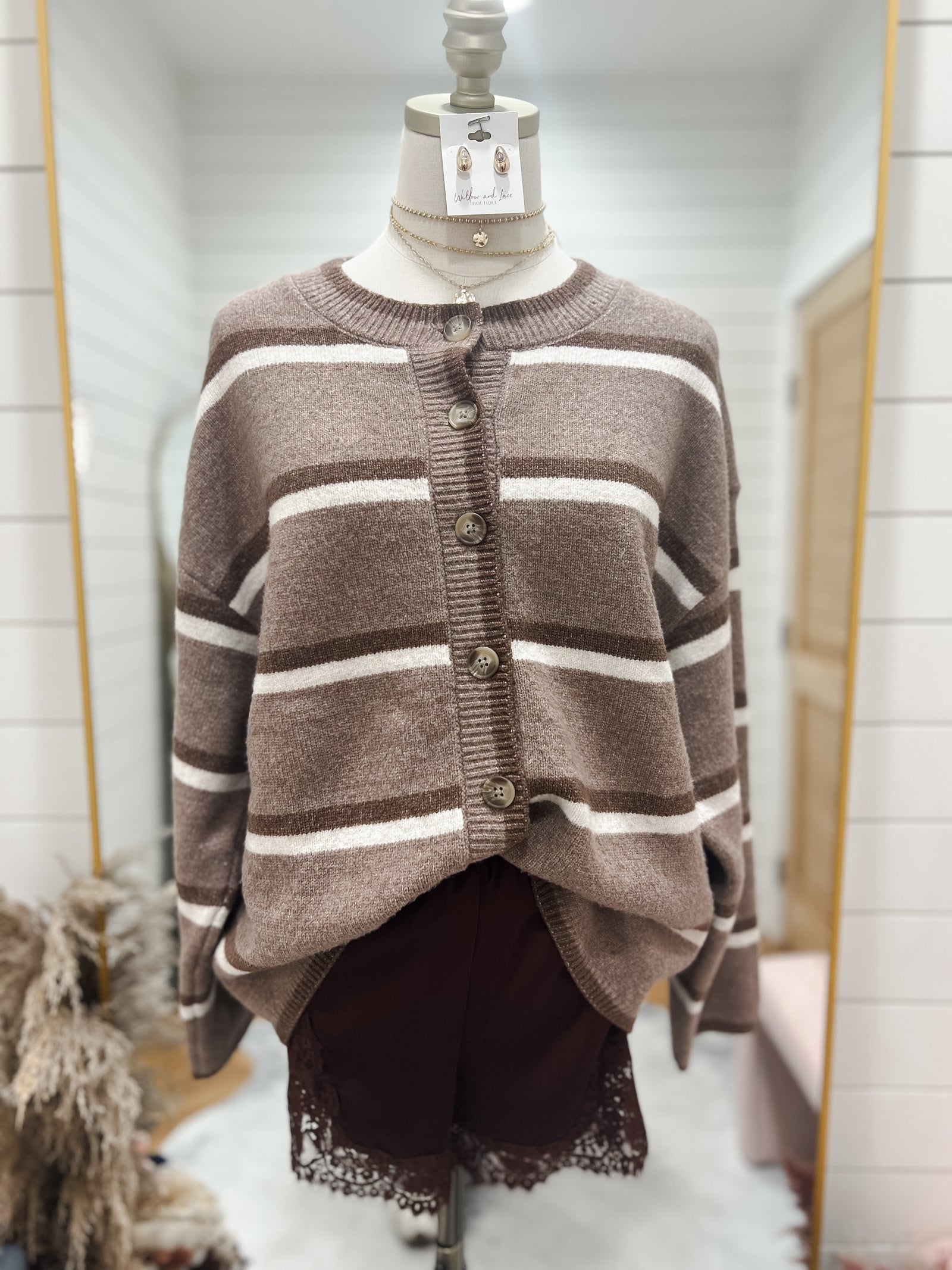Light Mocha Stripe Button Knit Cardigan